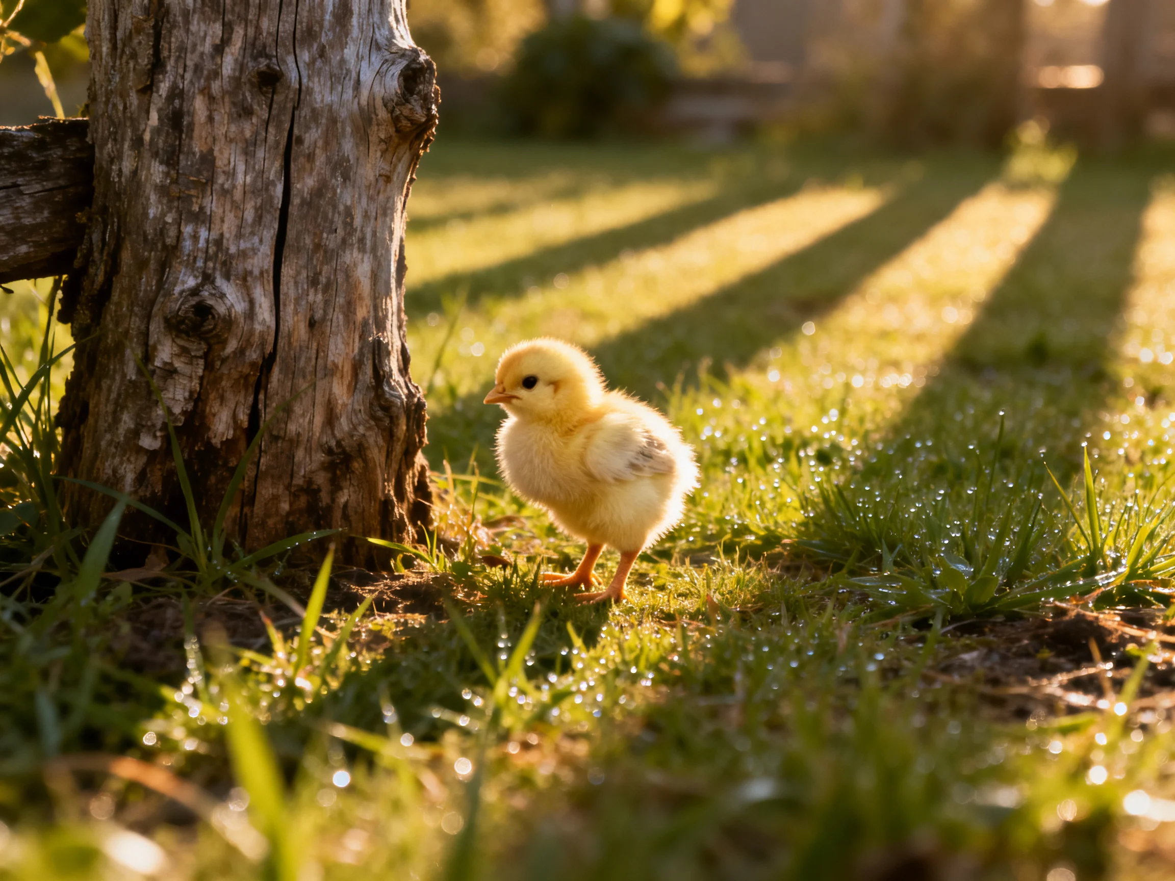 A fluffy yellow chick near an aged tree stump in sunlit grass