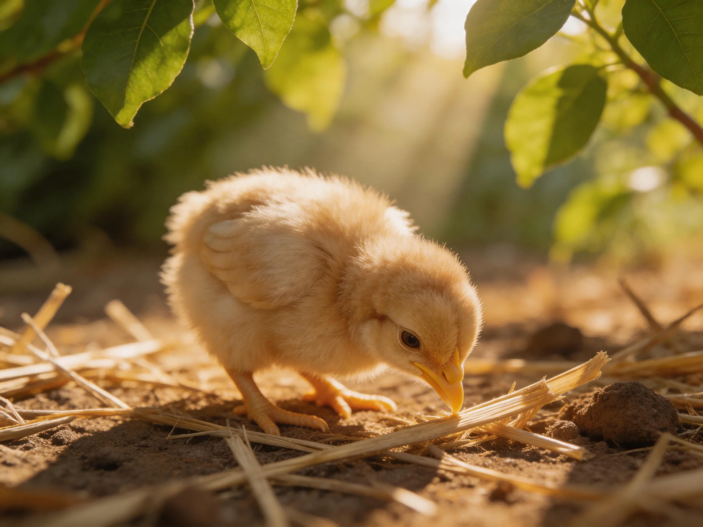 A fluffy yellow chick pecks straw near green foliage