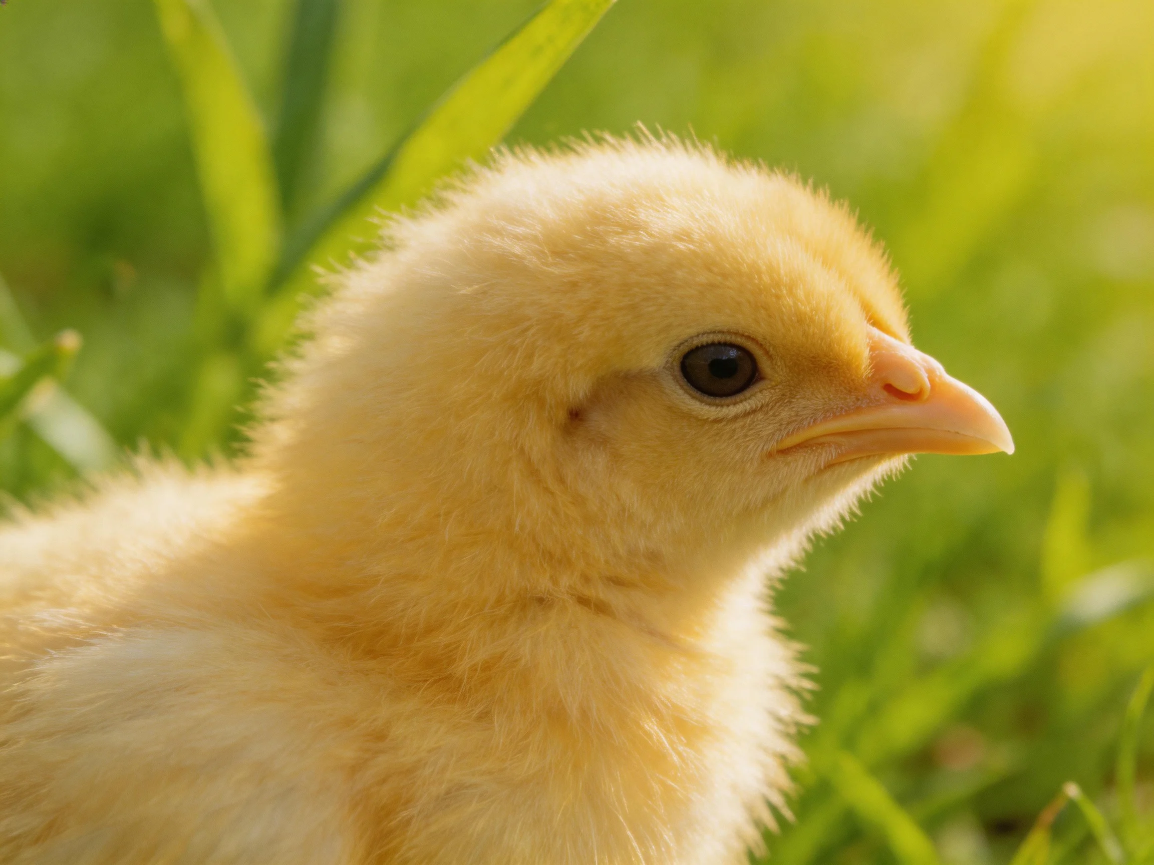 A fluffy yellow chick resting among vibrant green grass