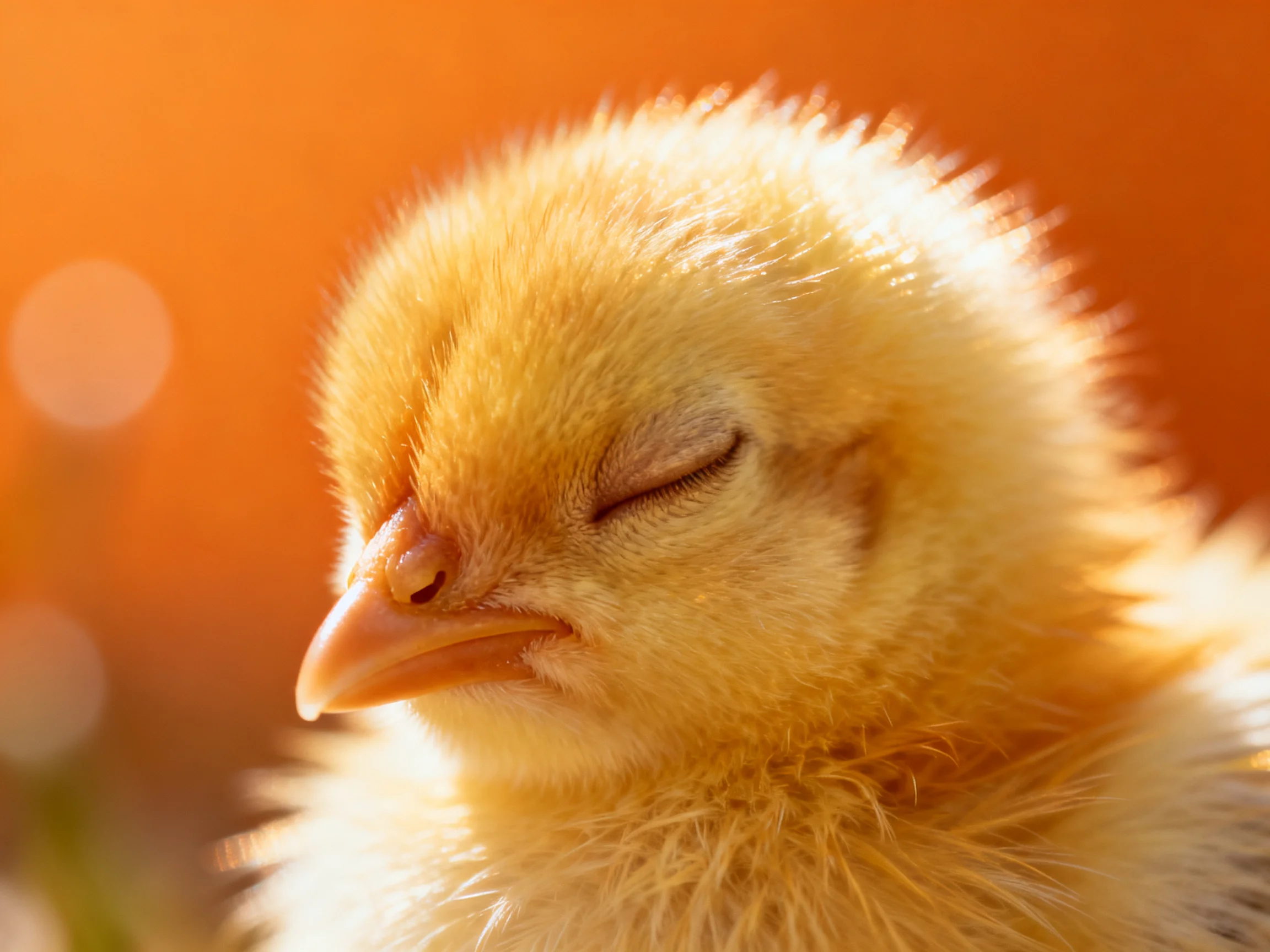 A fluffy yellow chick resting with closed eyes against an orange backdrop