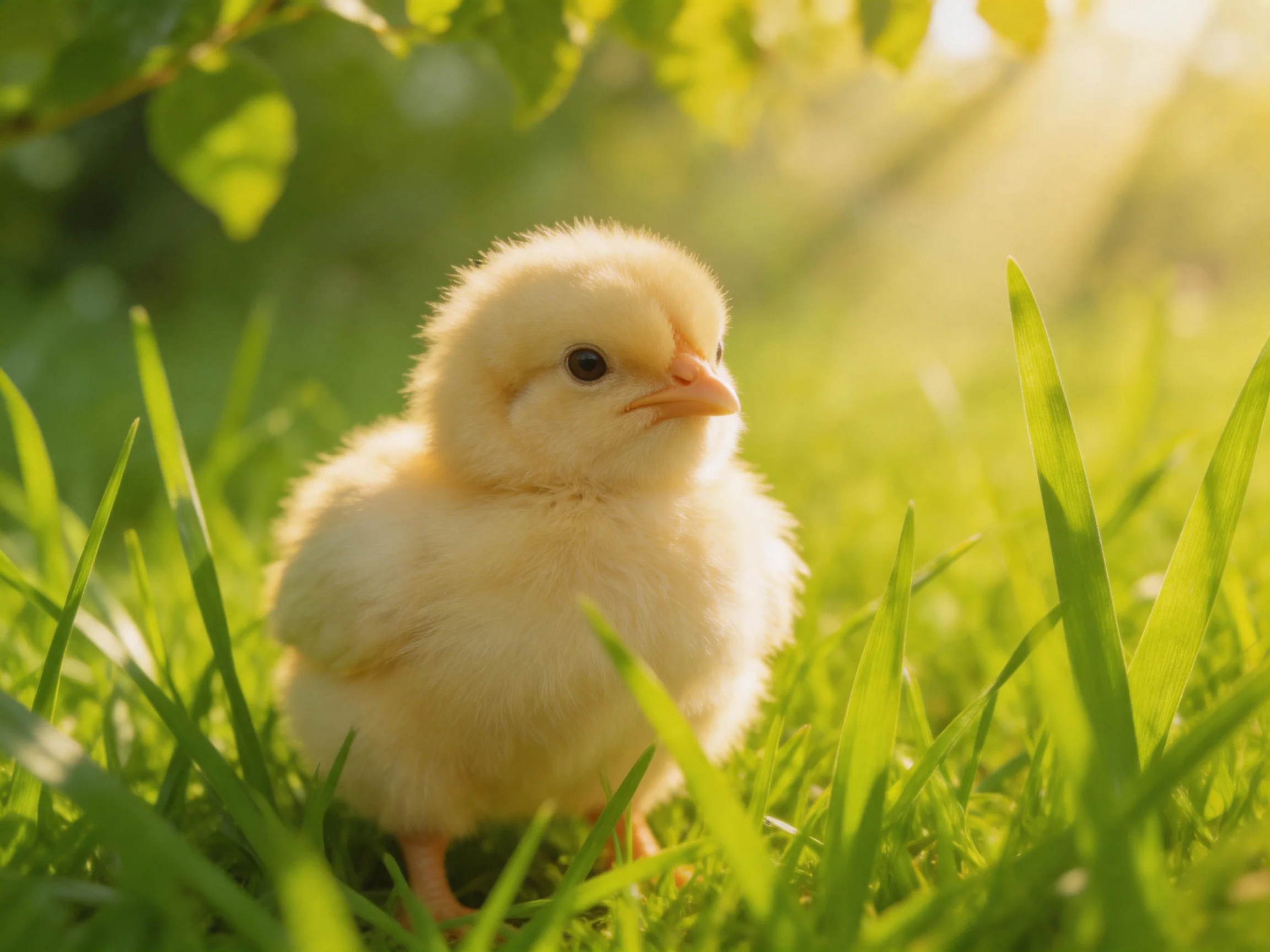 A fluffy yellow chick standing amid lush green grass under golden sunlight