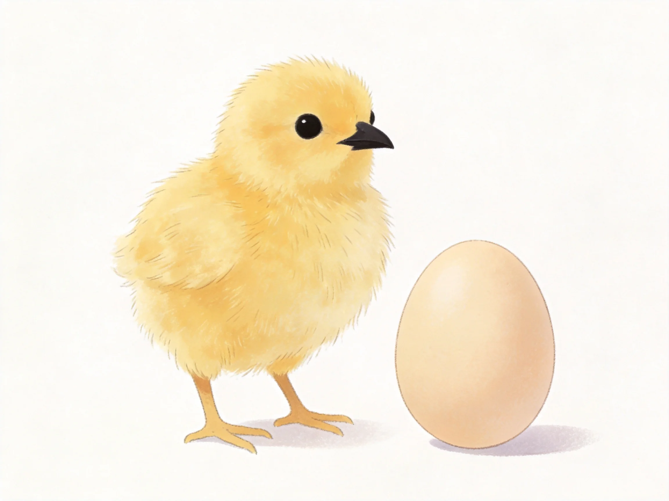 A fluffy yellow chick standing next to a large beige egg
