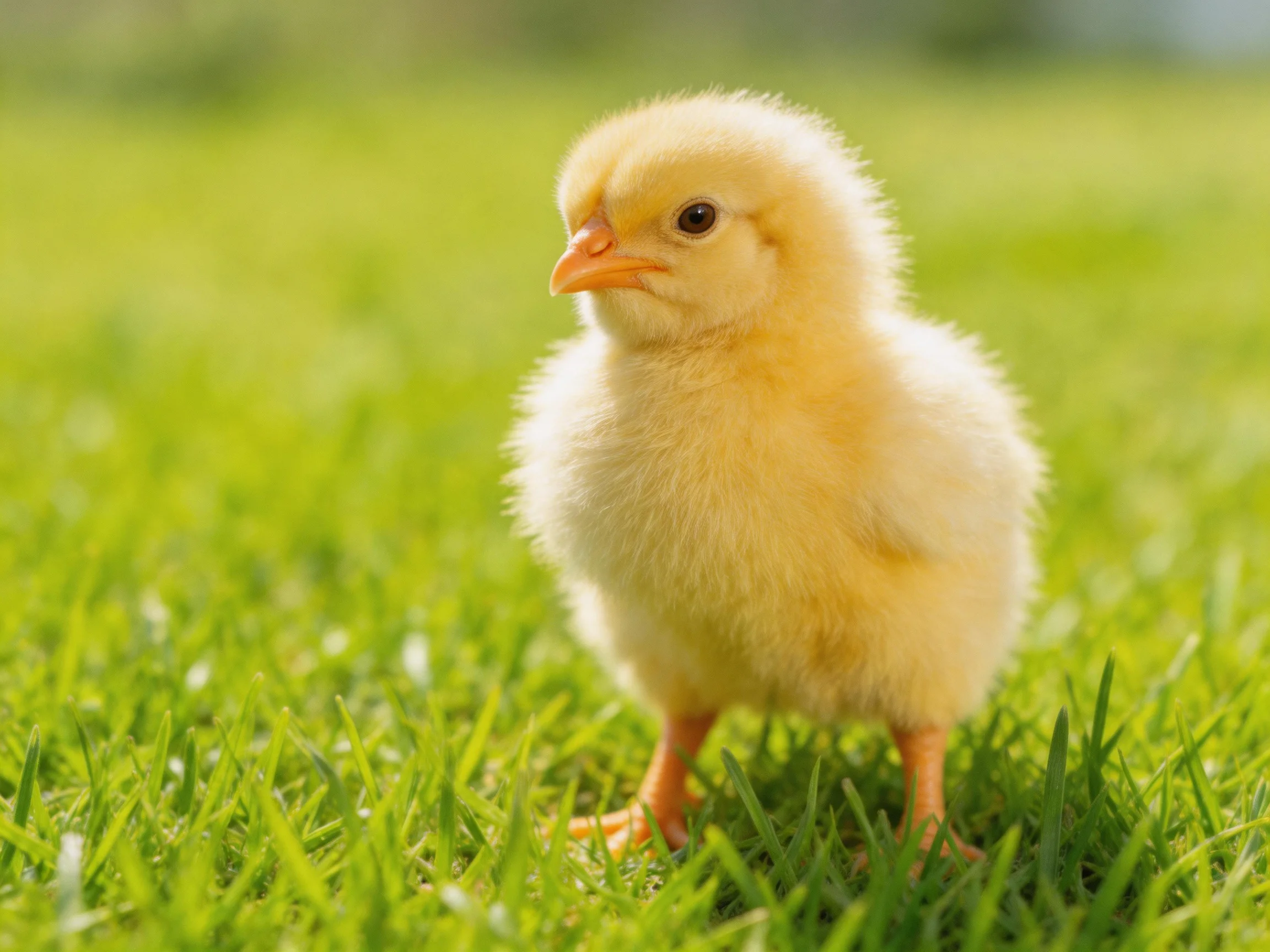 A fluffy yellow chick standingon lush green grass