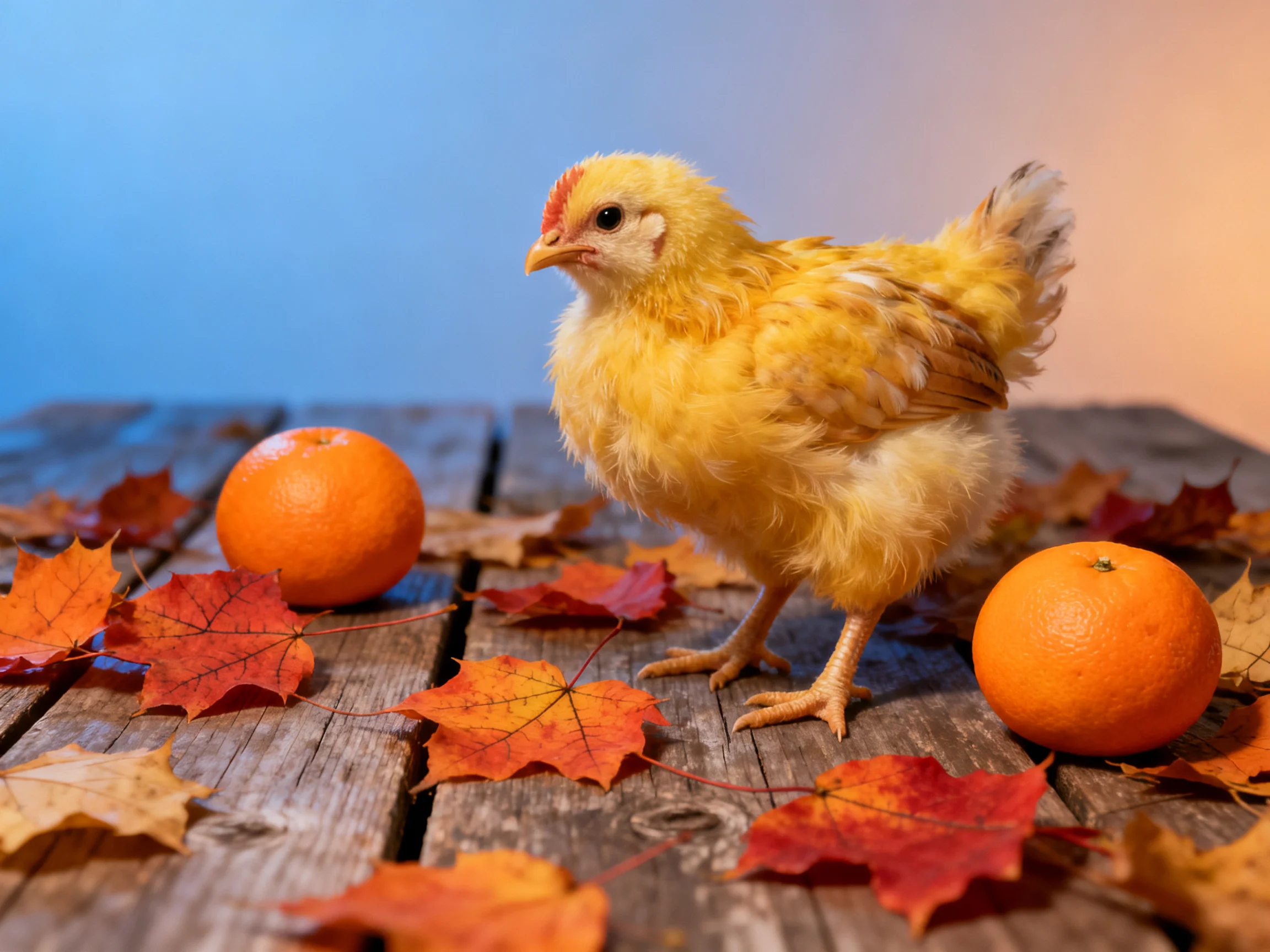 A fluffy yellow chick stands amid two oranges and autumn leaves on a wooden table