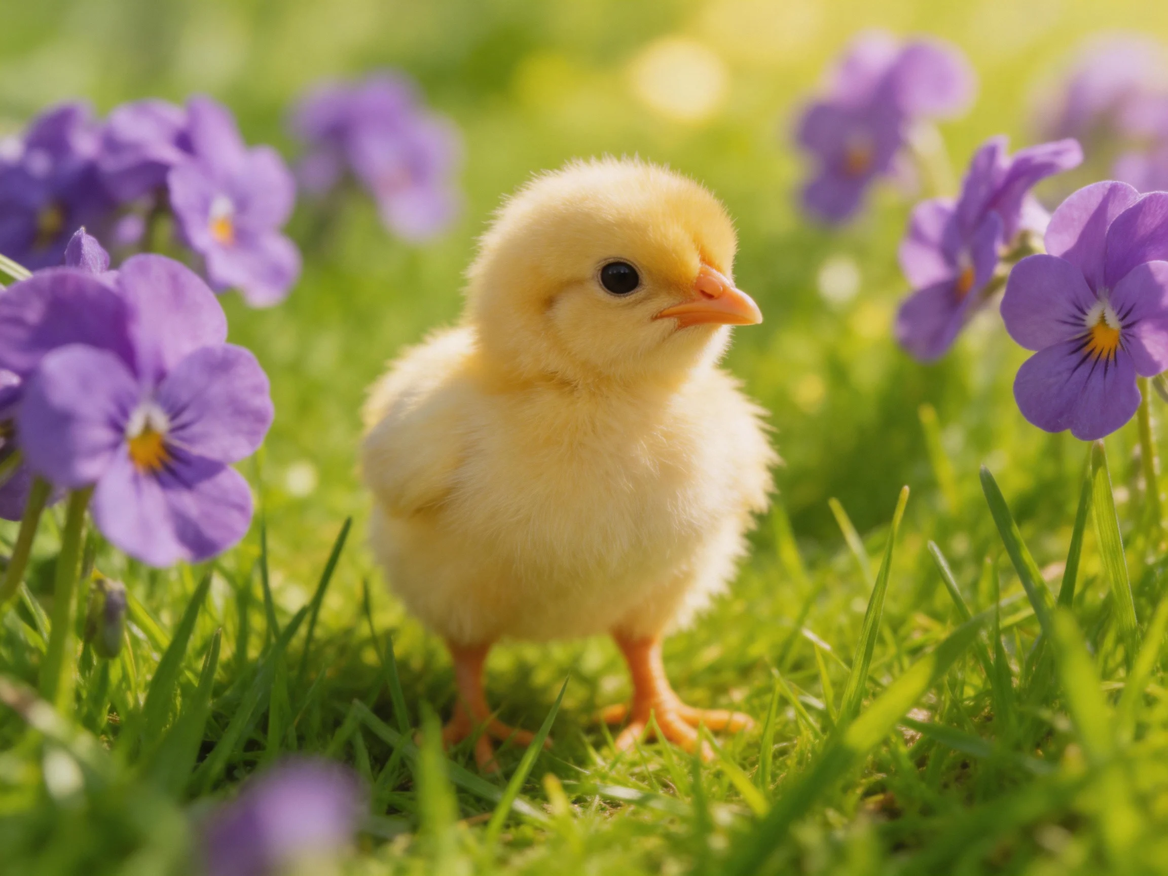 A fluffy yellow chick stands among vibrant purple flowers and lush green grass
