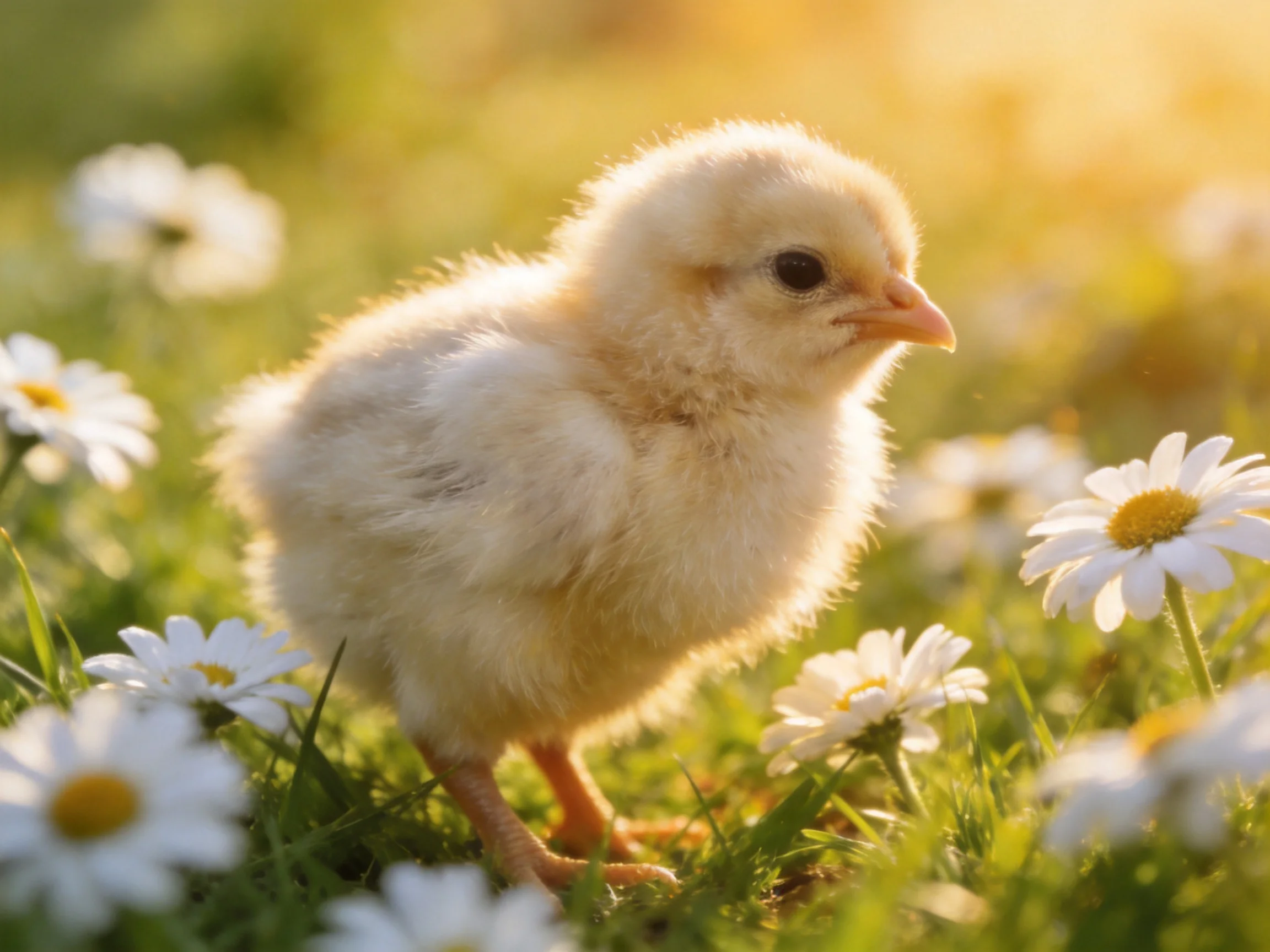 A fluffy yellow chick stands among white daisies in a sunlit meadow