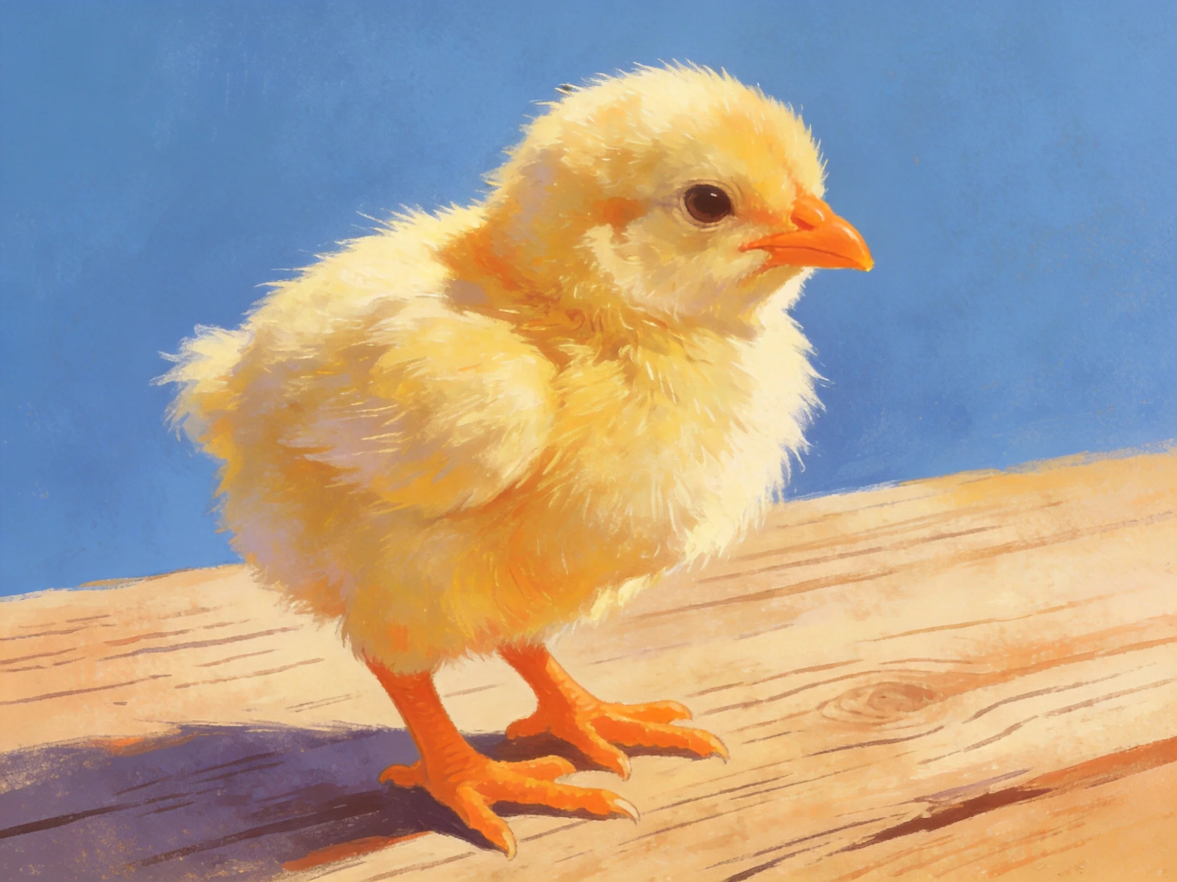 A fluffy yellow chick stands on a light brown wooden plank with a bright blue sky