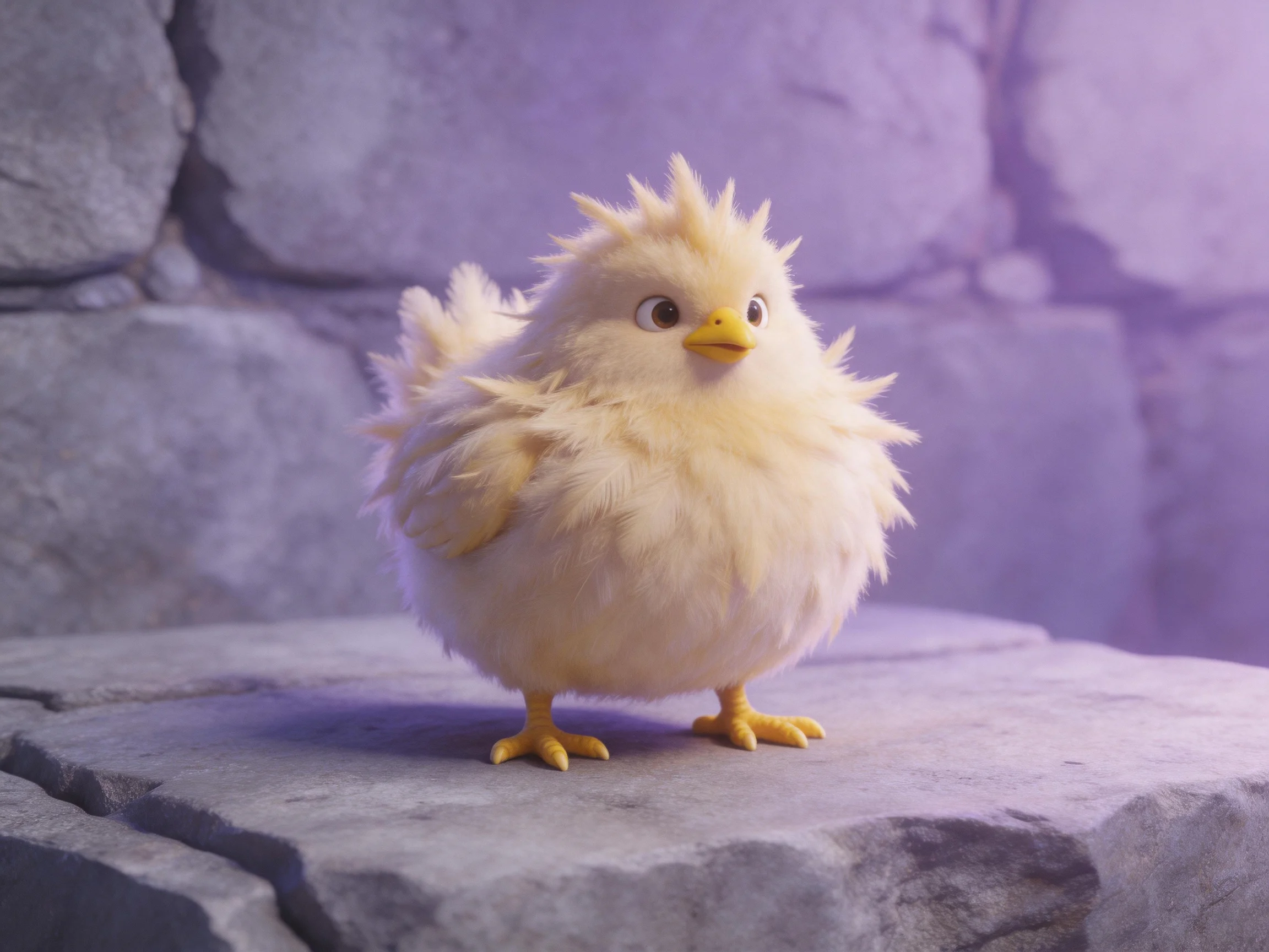 A fluffy yellow chick stands on a stone platform near a gray stone wall