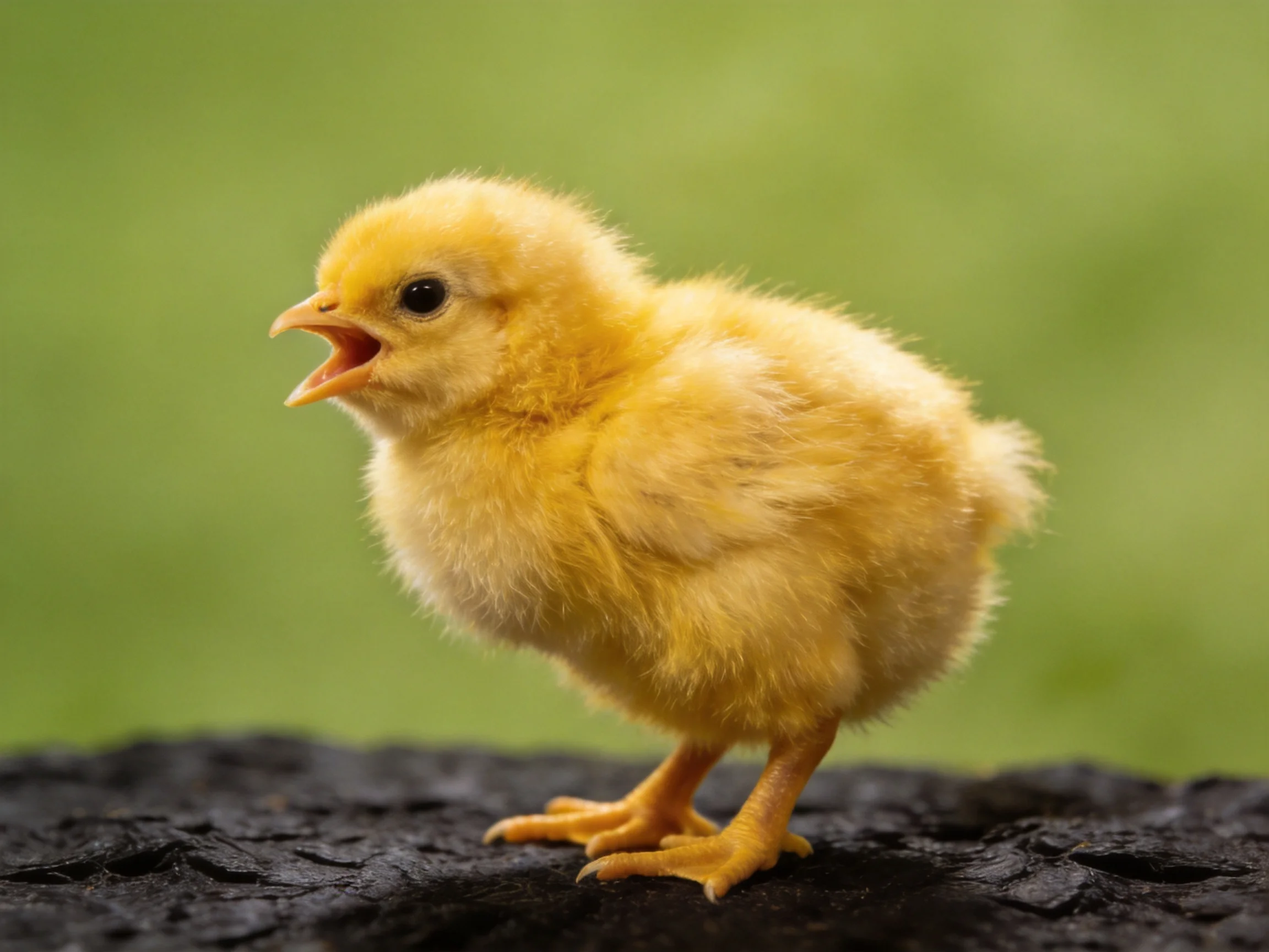 A fluffy yellow chick stands on dark soil with soft green backdrop