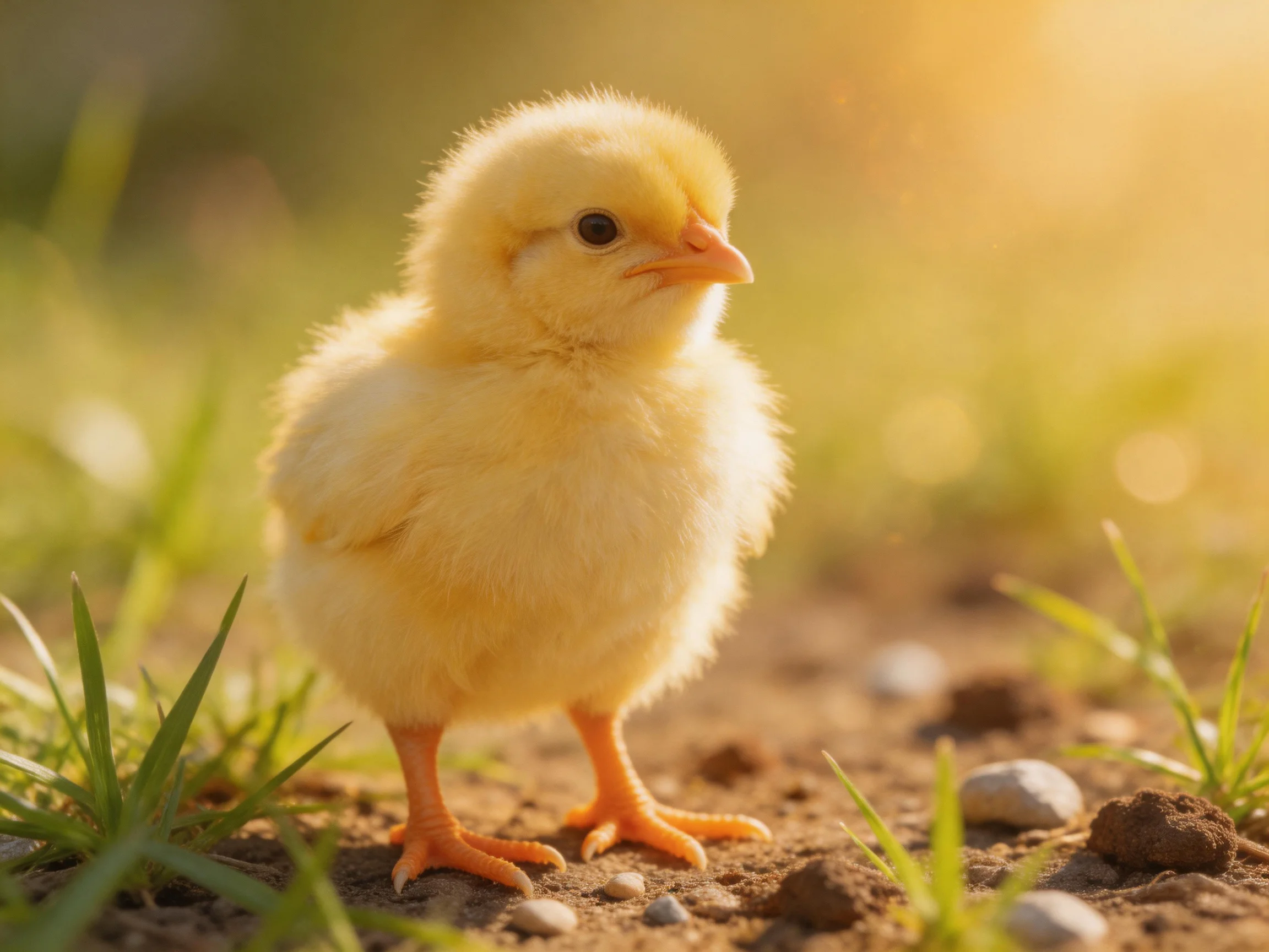 A fluffy yellow chick stands on dirt neargreen grass and rocks