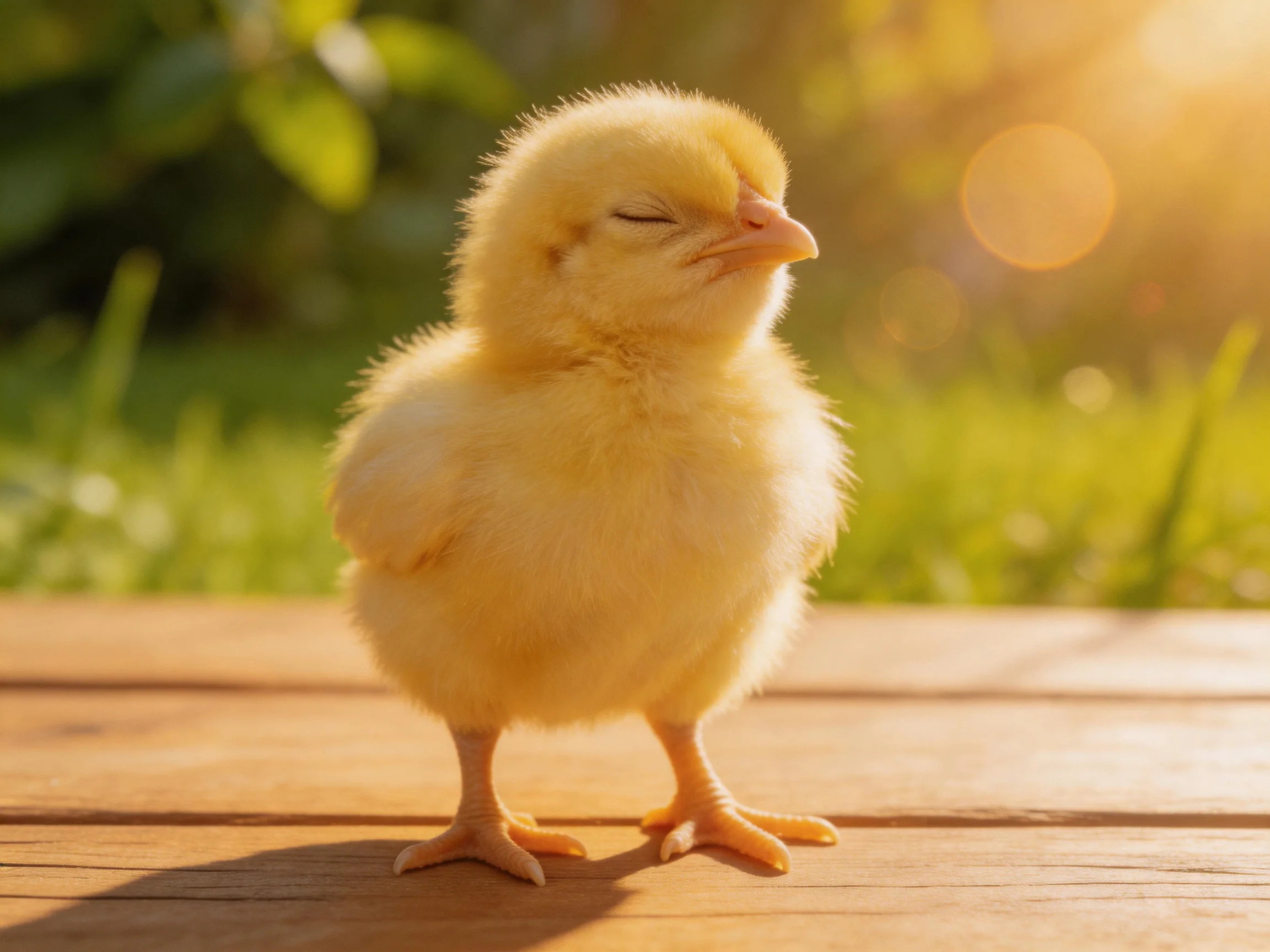 A fluffy yellow chick stands on wooden planks in golden sunlight