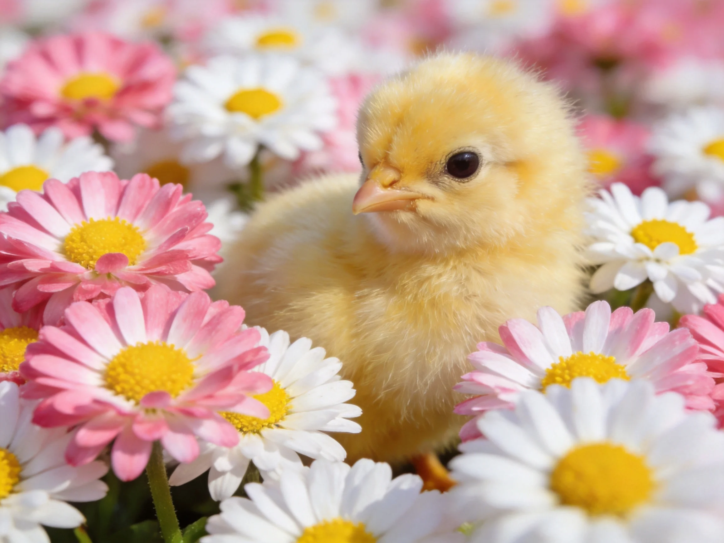 A fluffy yellow chick surrounded by pink and white daisies