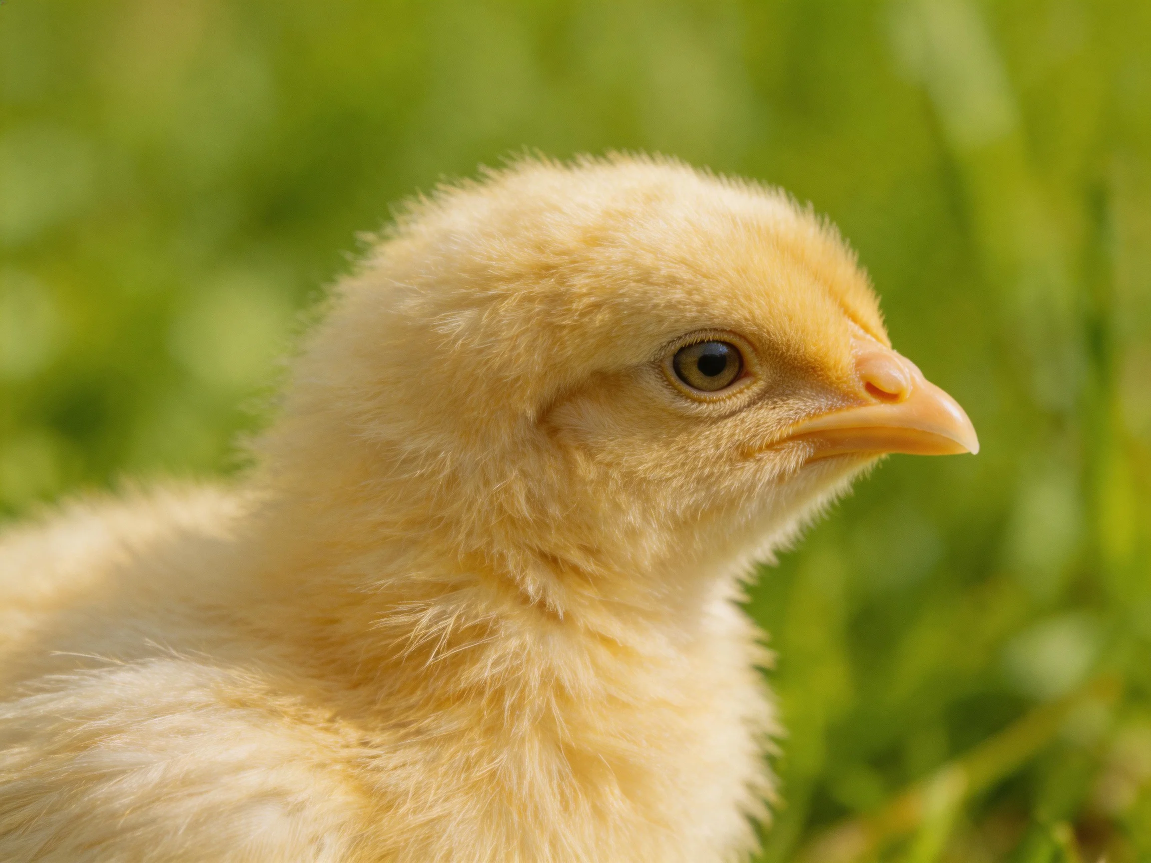 A fluffy yellow chick with an orange beak in lush green surroundings