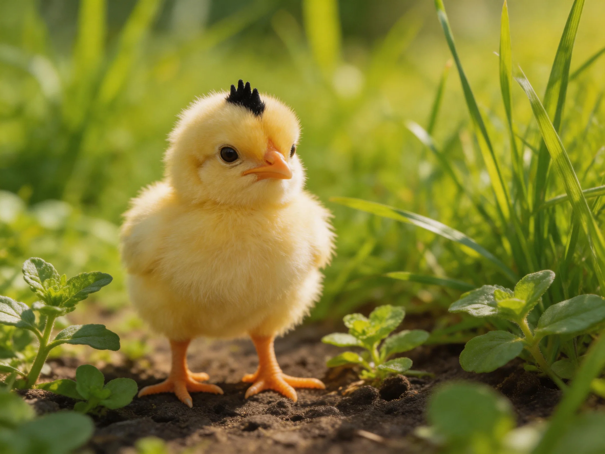 A fluffy yellow chick with black crest among lush greenery