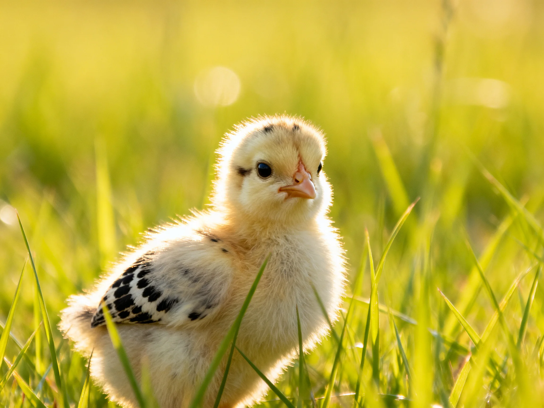 A fluffy yellow chick with black-spotted wings stands in tall green grass