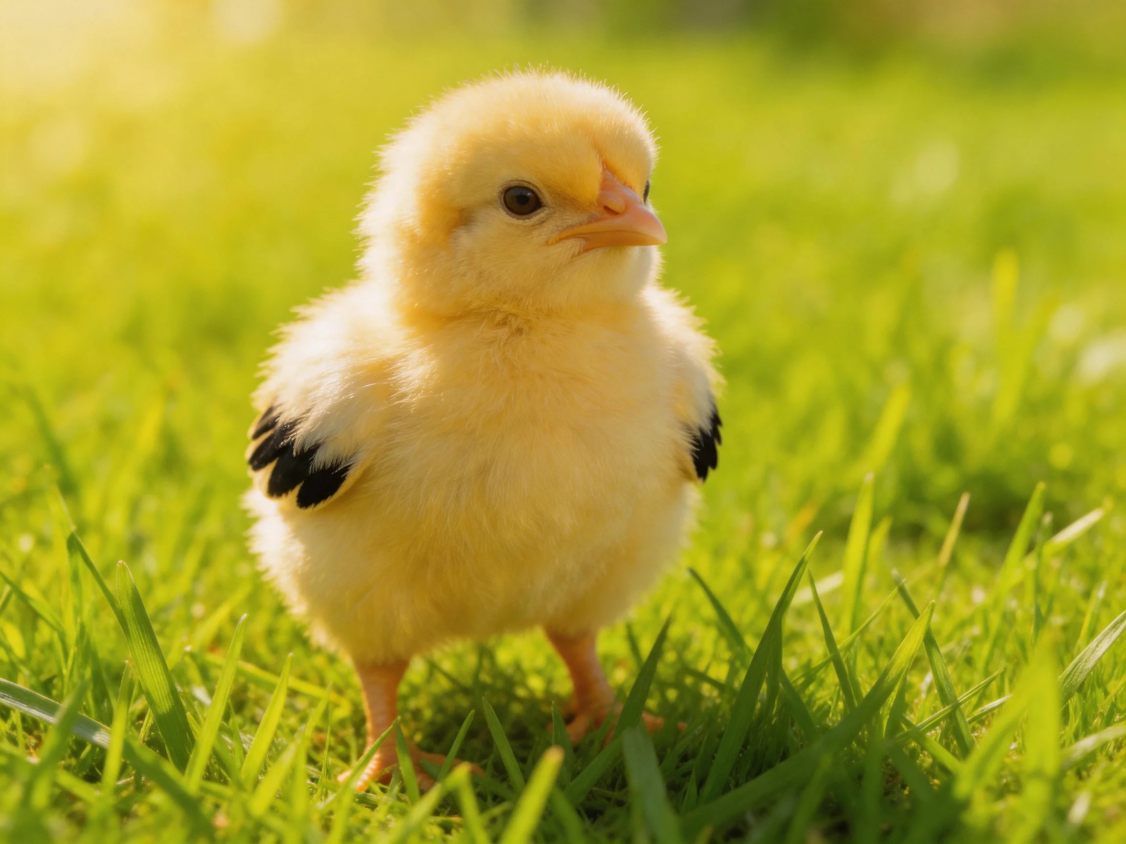 A fluffy yellow chick with black wingtips standing on lush green grass