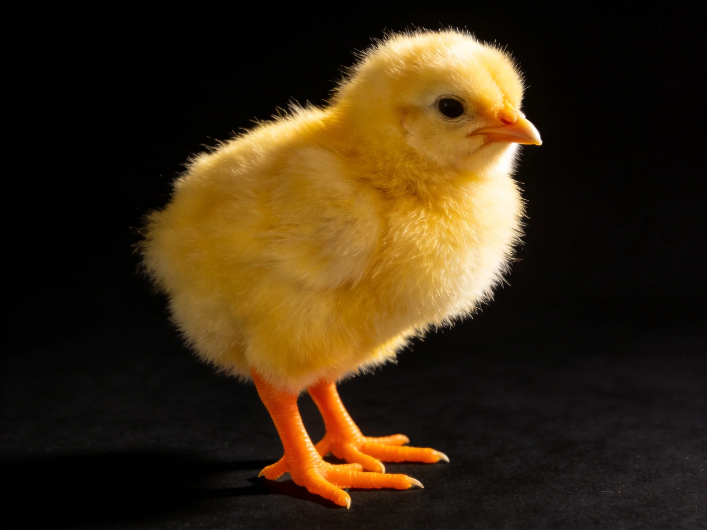 A fluffy yellow chick with bright orange legs on a black surface