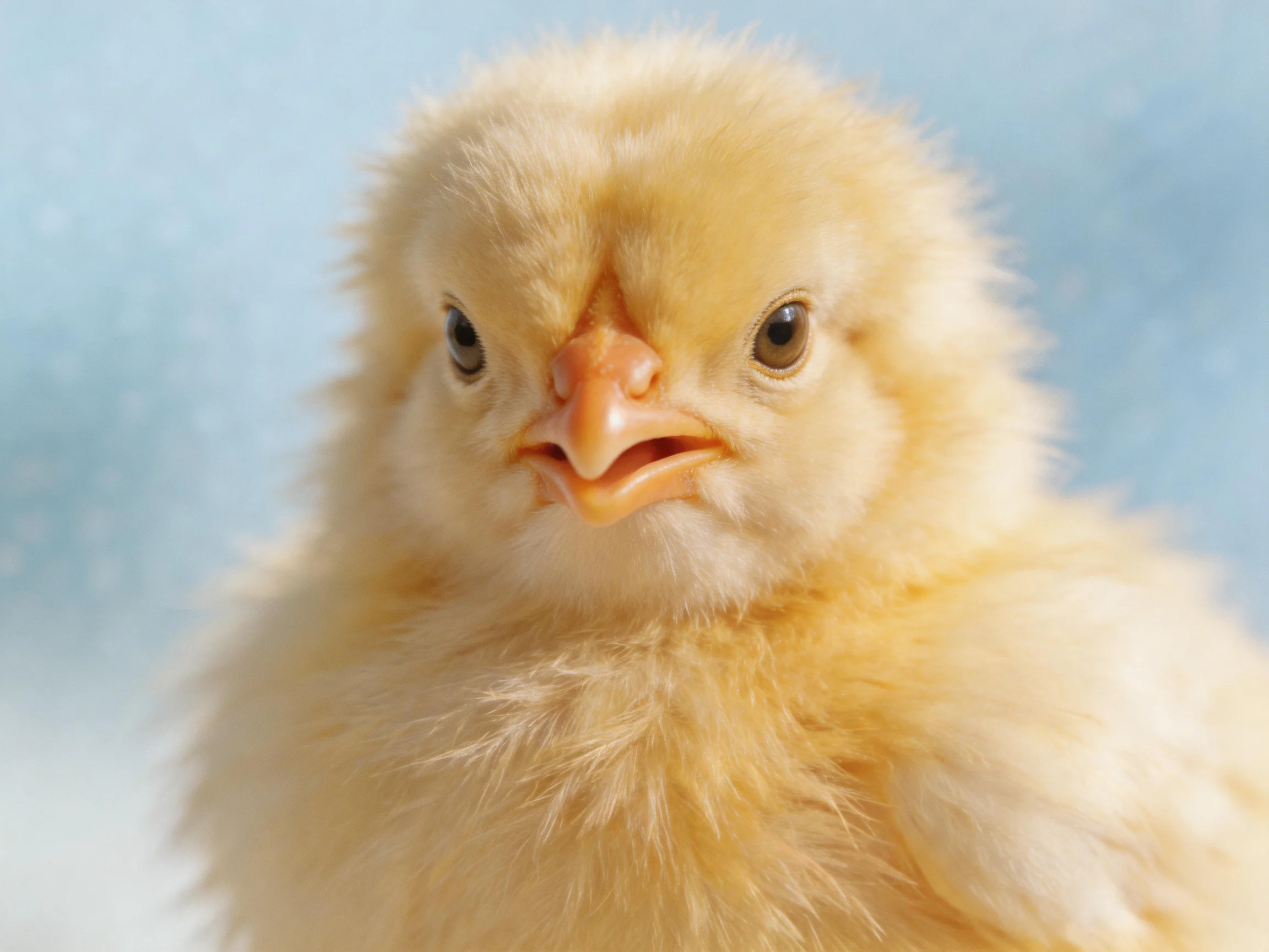 A fluffy yellow chick with soft downy feathers against a light blue backdrop