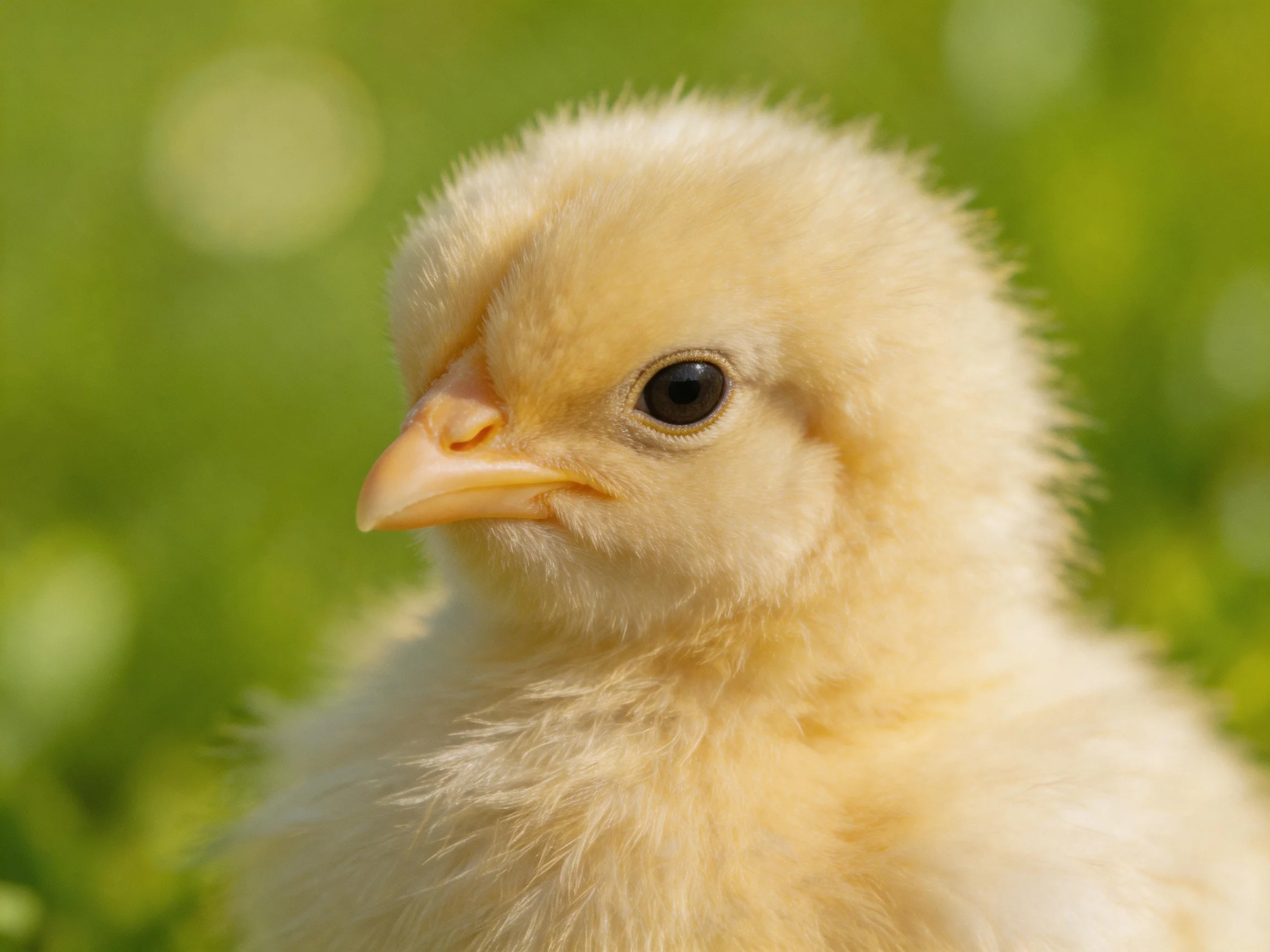 A fluffy yellow chick with soft feathers in a green blurred background