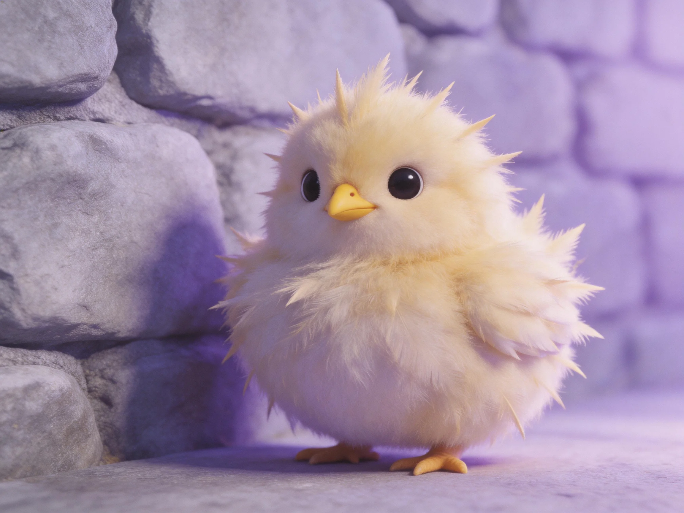A fluffy yellow chick with spiky feathers stands beside a stone wall