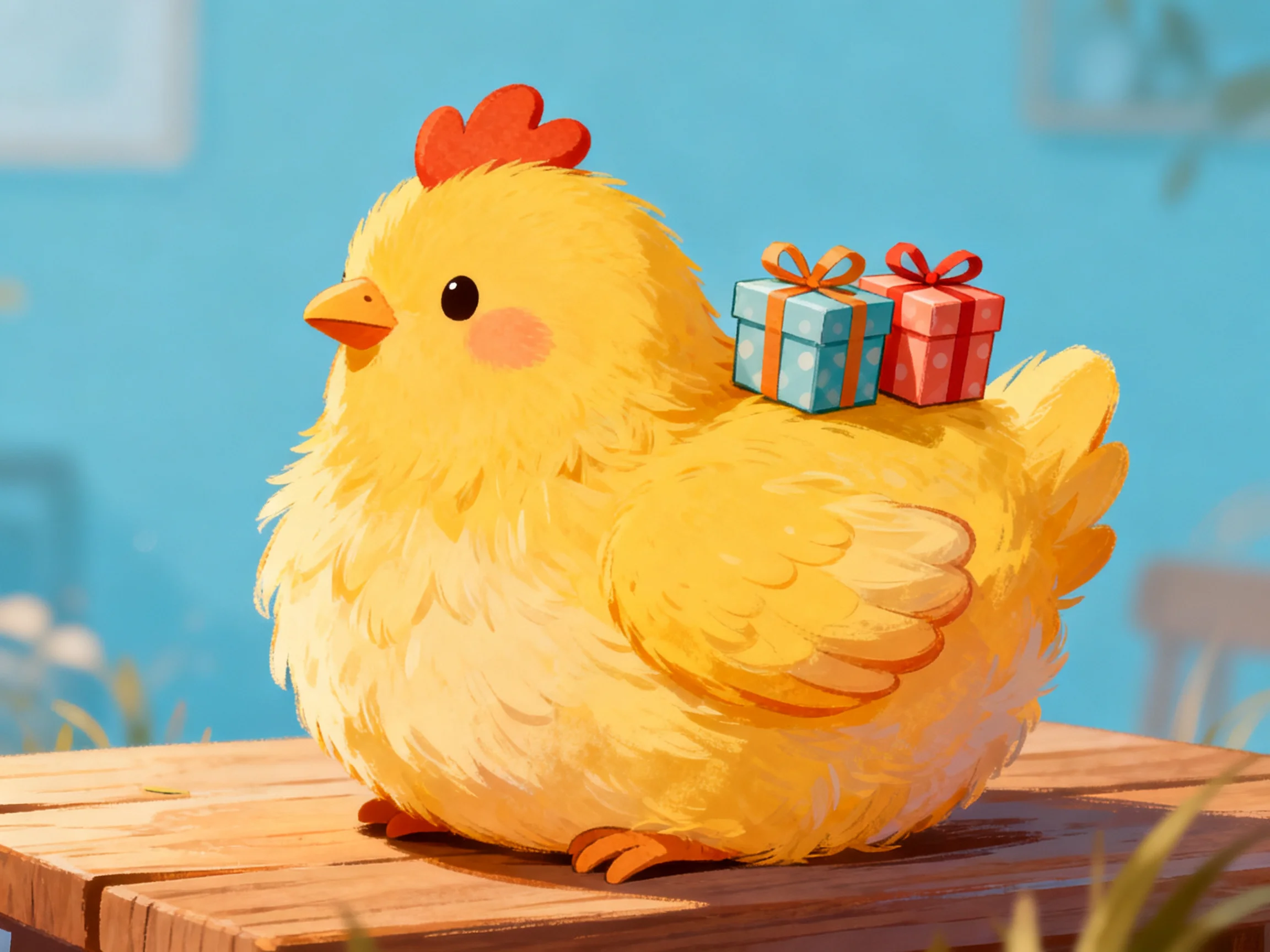 A fluffy yellow chick with two gift boxes on its back on a wooden platform