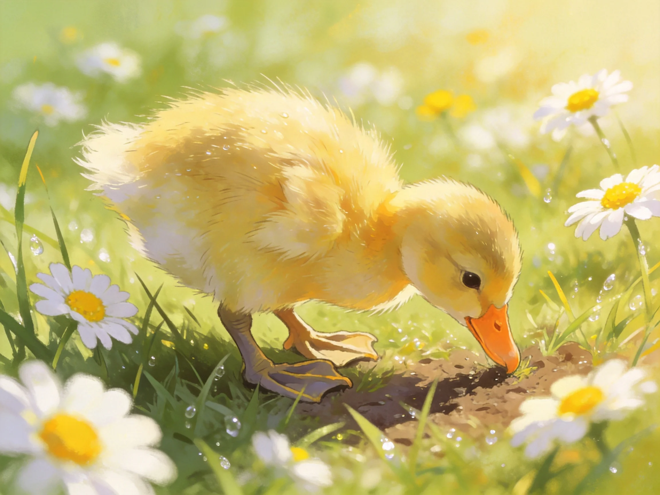 A fluffy yellow duckling exploring daisy-filled sunlit meadow
