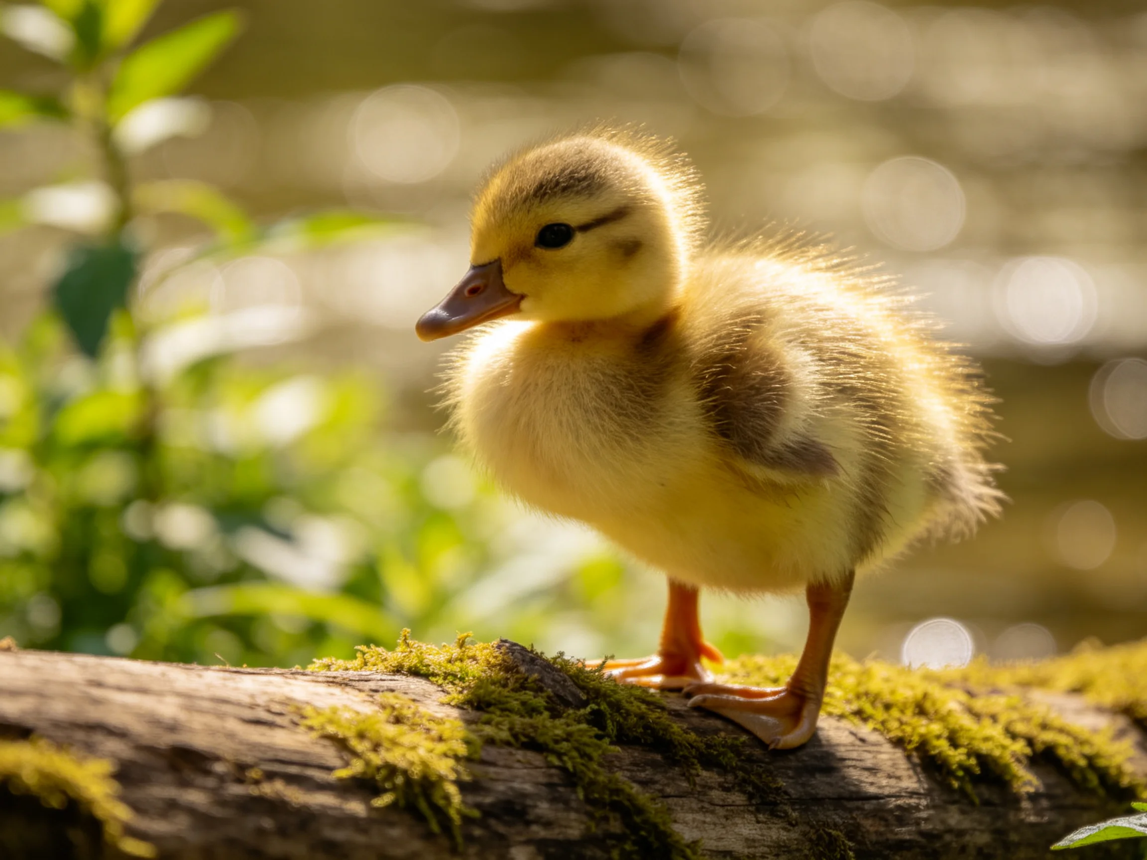 A fluffy yellow duckling perches on a moss-covered log near calm waters