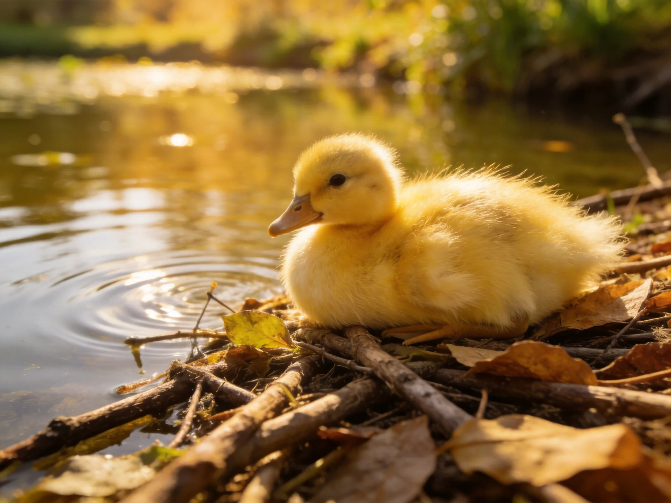 A fluffy yellow duckling rests by a calm pond amid fallen leaves and twigs