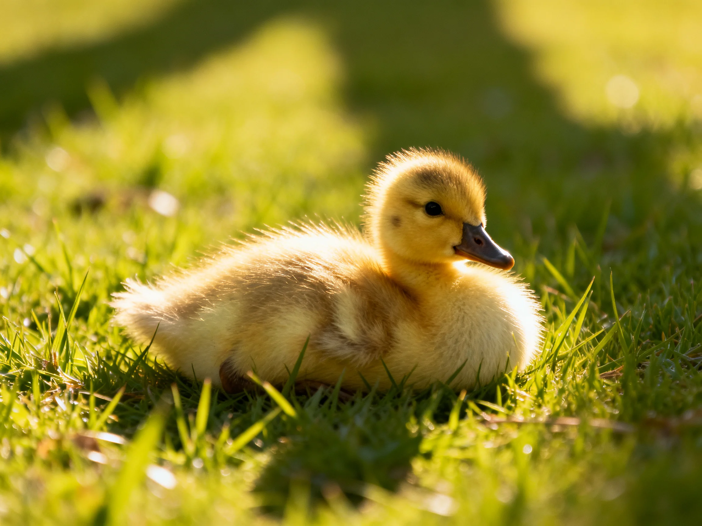 A fluffy yellow duckling rests on lush green grass in sunlight