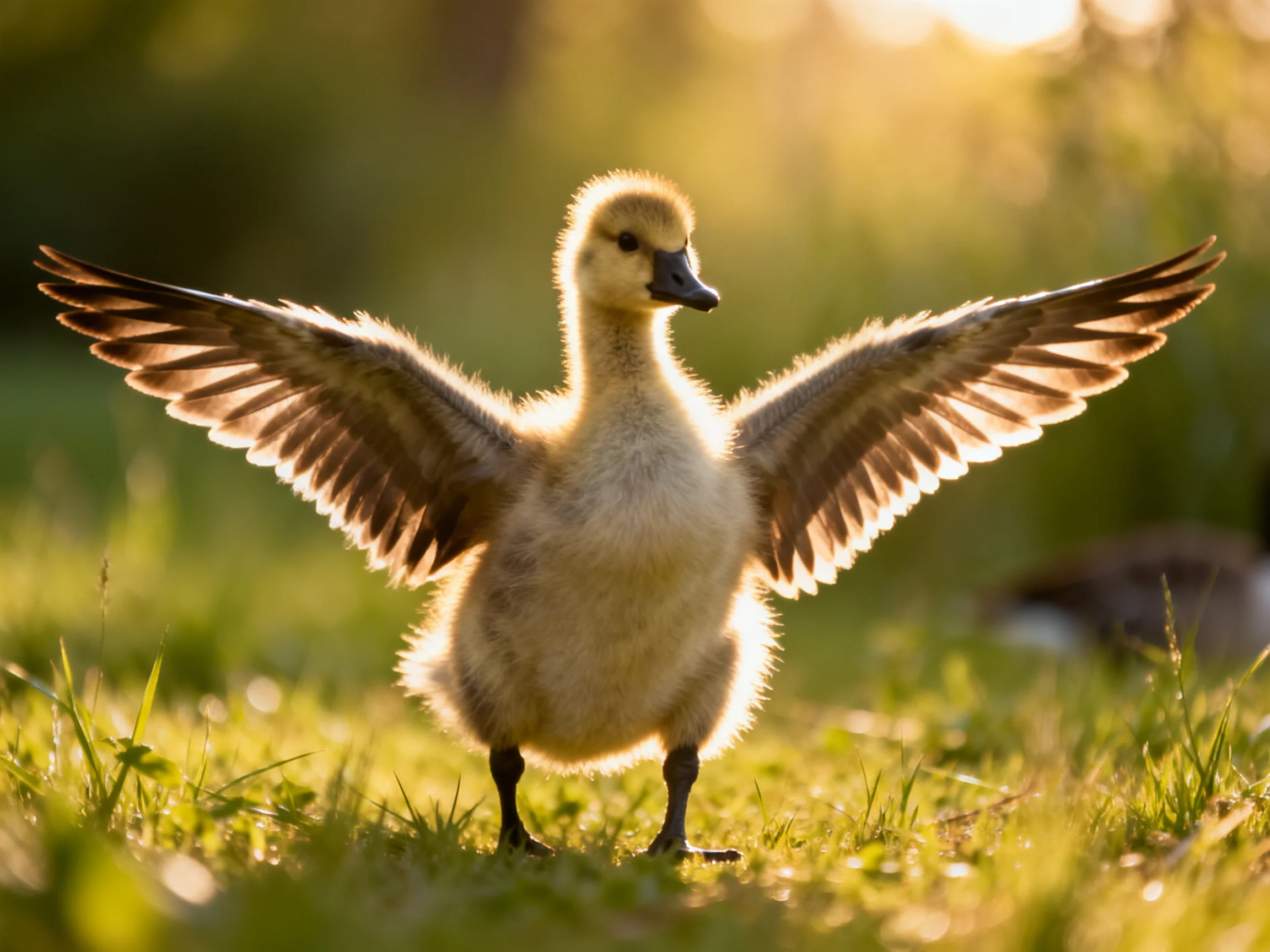 A fluffy yellow duckling spreads wings in golden sunlight
