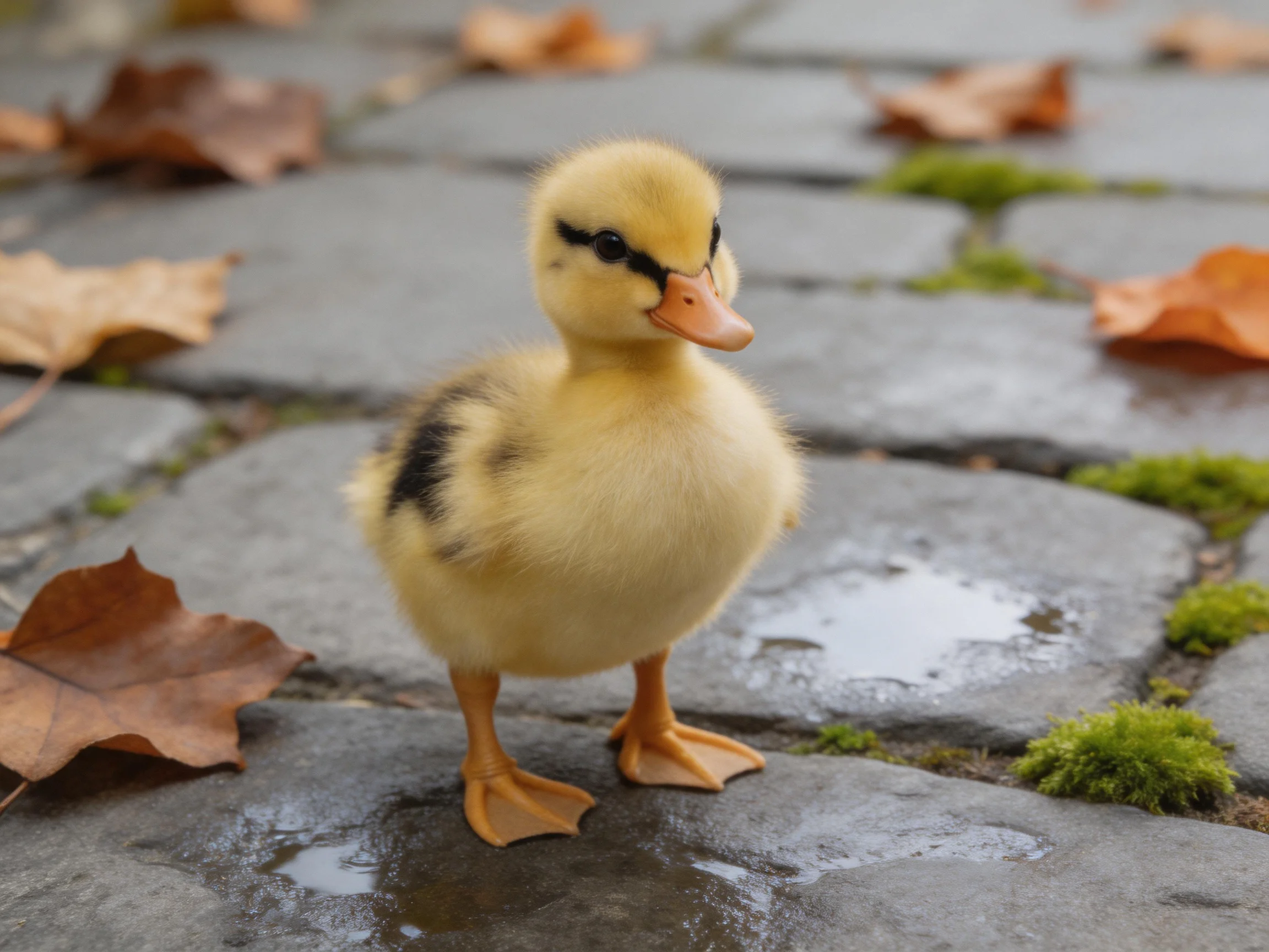 A fluffy yellow duckling stands on wet stone pavement amid autumn leaves