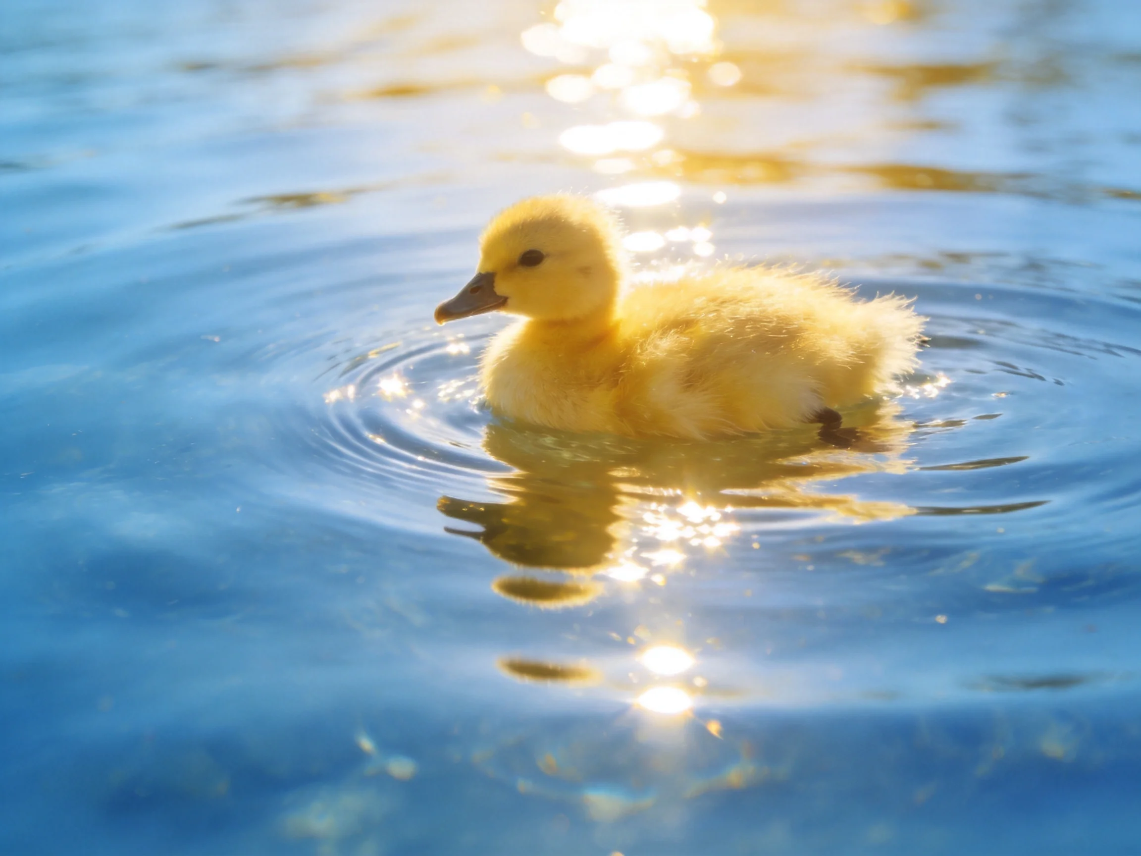 A fluffy yellow duckling swimming in sunlit blue rippling water