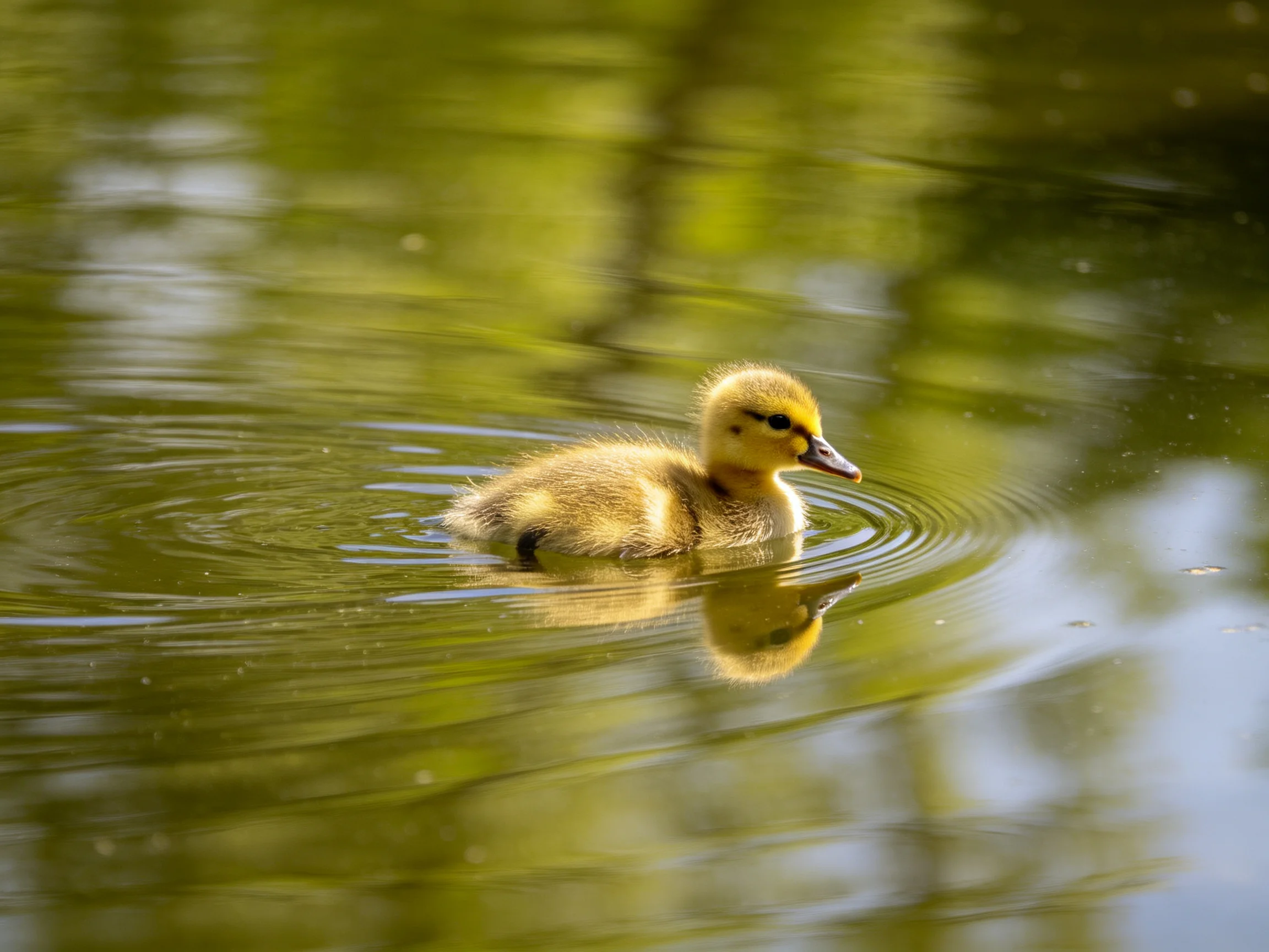 A fluffy yellow duckling swims in calm greenish water