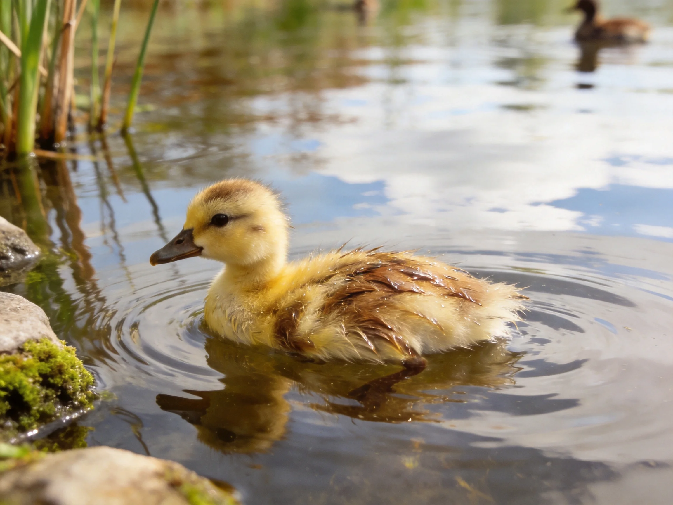 A fluffy yellow duckling swims in calm water near mossy rocks and reeds