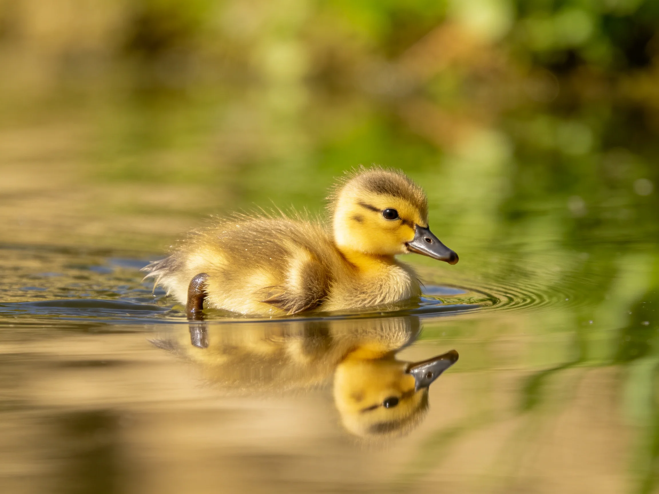 A fluffy yellow duckling swims in calm water with a clear reflection