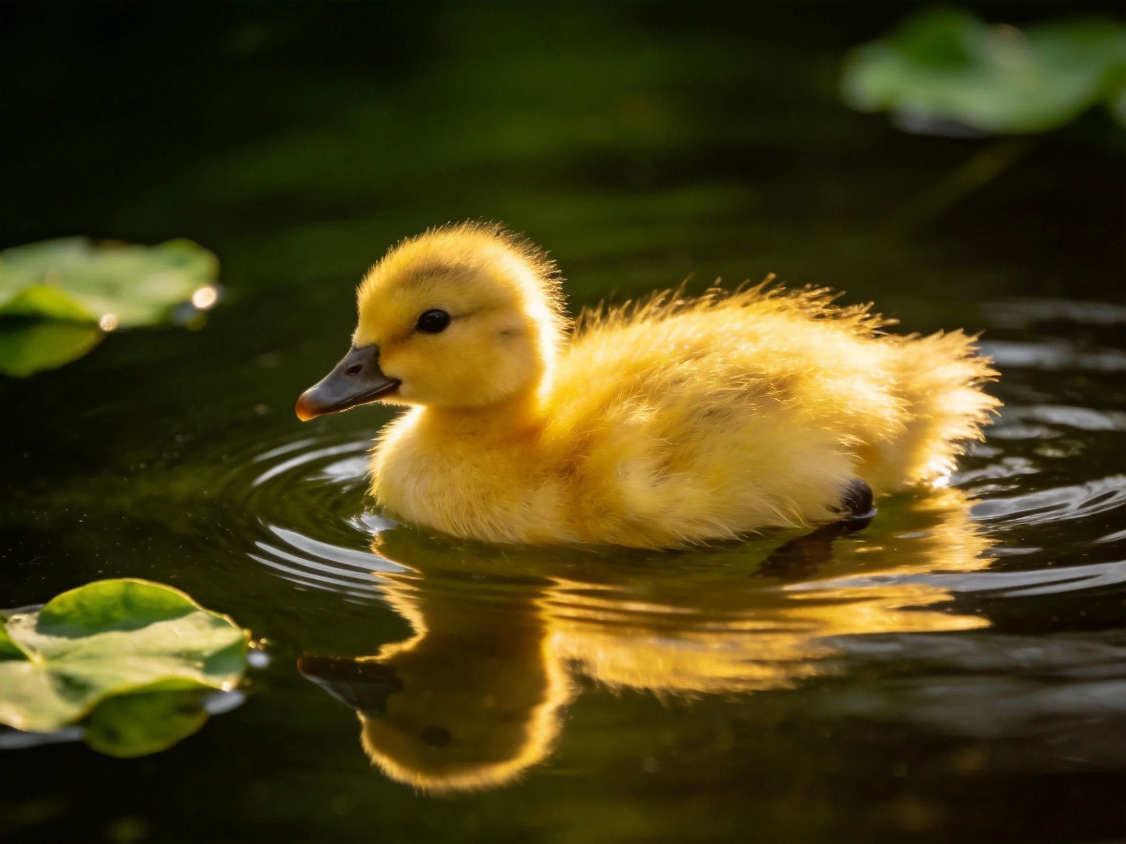 A fluffy yellow duckling swims in dark water near green lily pads