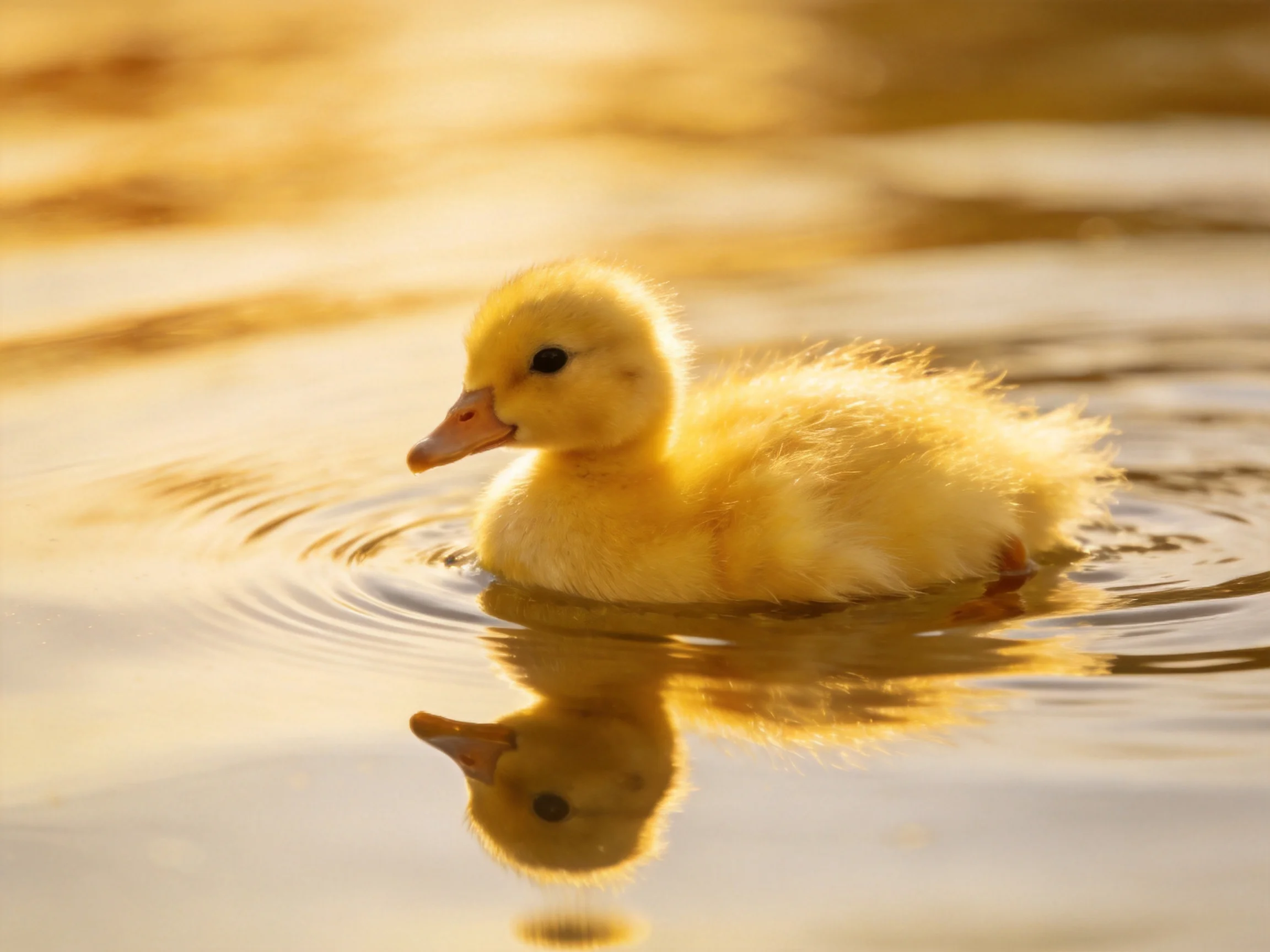 A fluffy yellow duckling swims in golden-hued water