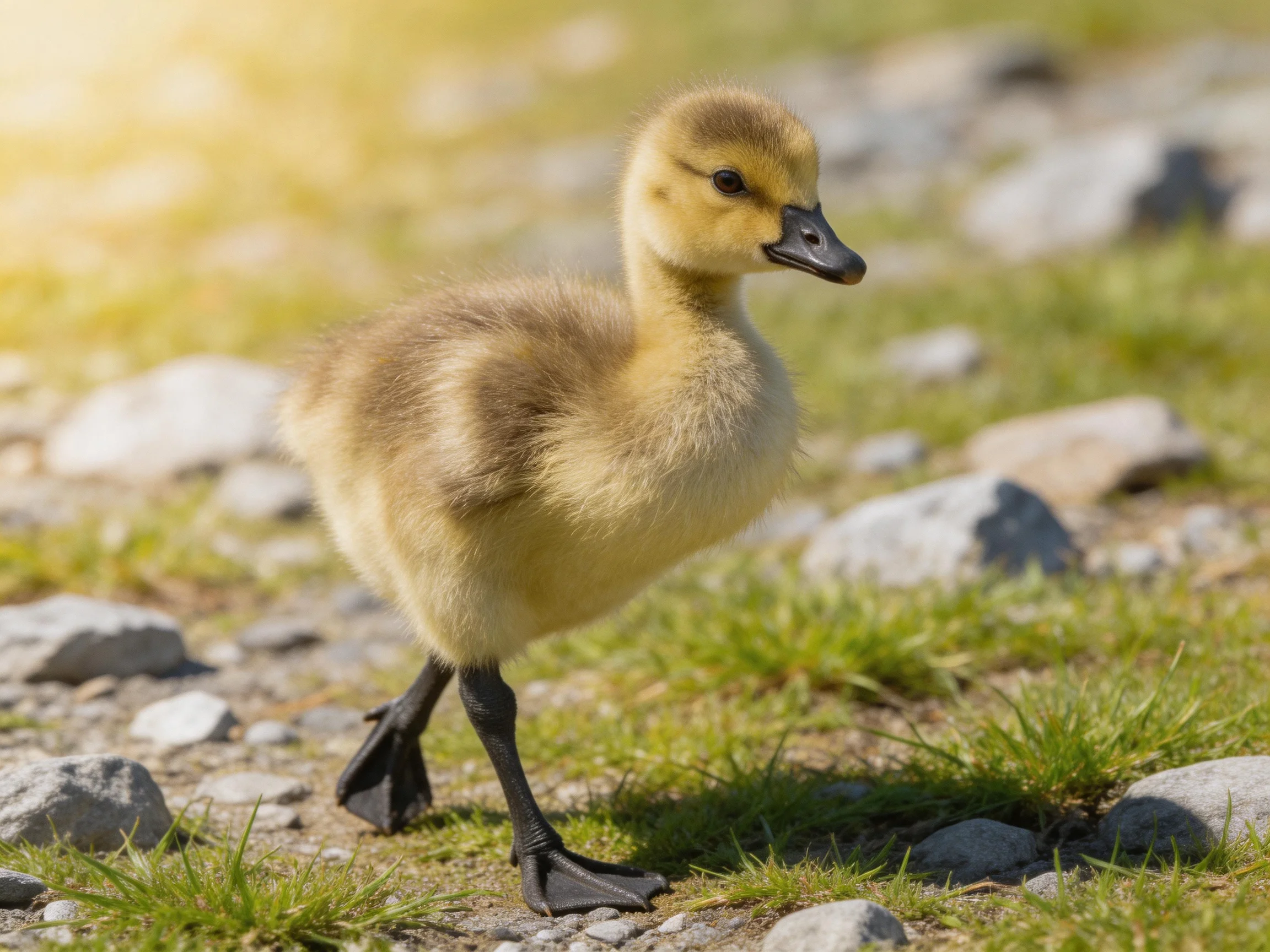 A fluffy yellow duckling walking among rocks and greenery in bright sunlight