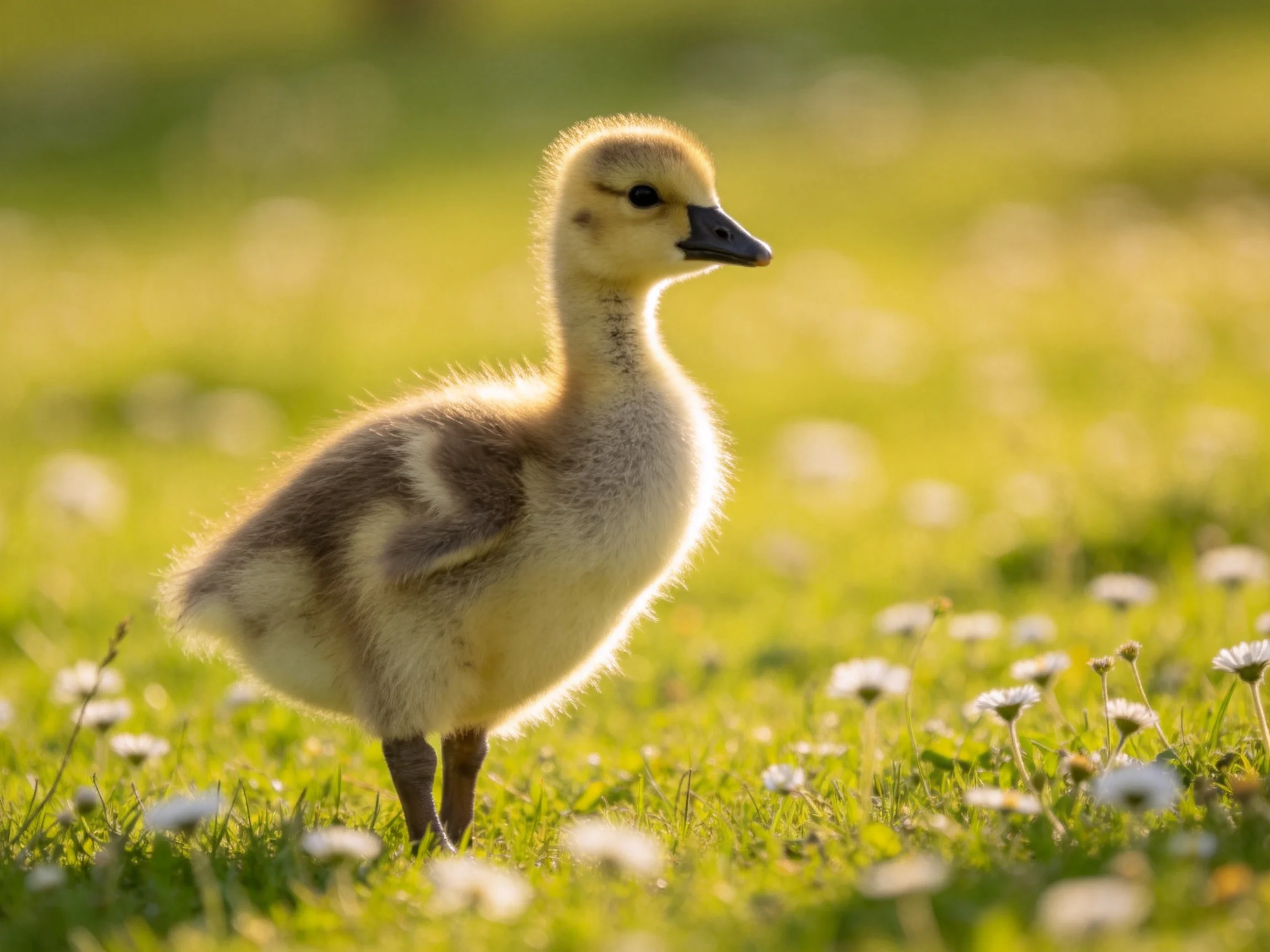 A fluffy yellow gosling stands in a sunlit meadow with white wildflowers
