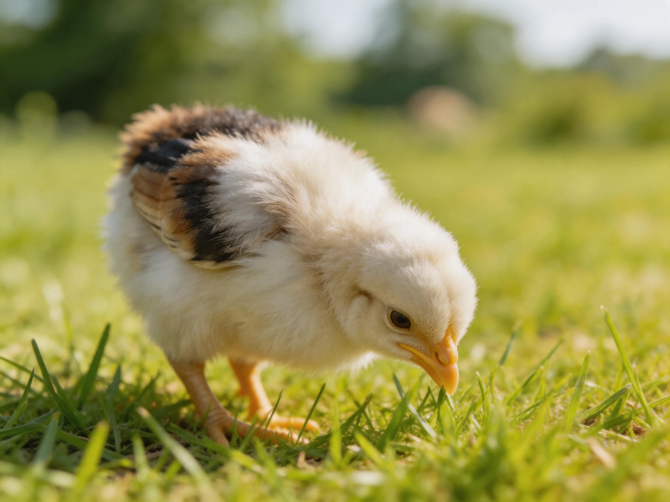 A fluffy young chick with brown and black markings forages in a sunlit grassy field