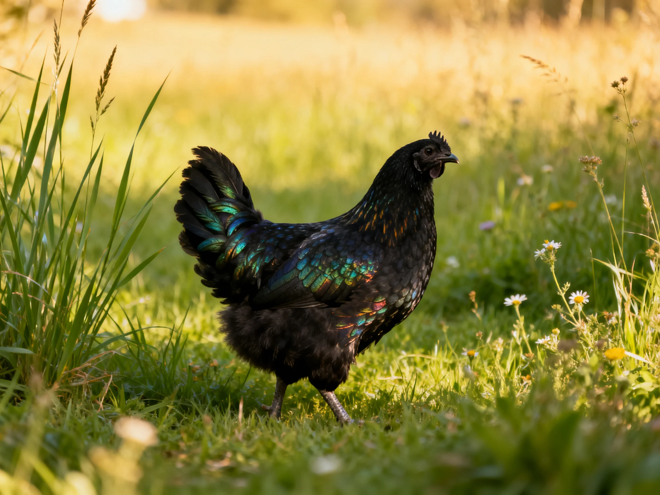 A glossy black chicken with iridescent feathers in a sunlit meadow