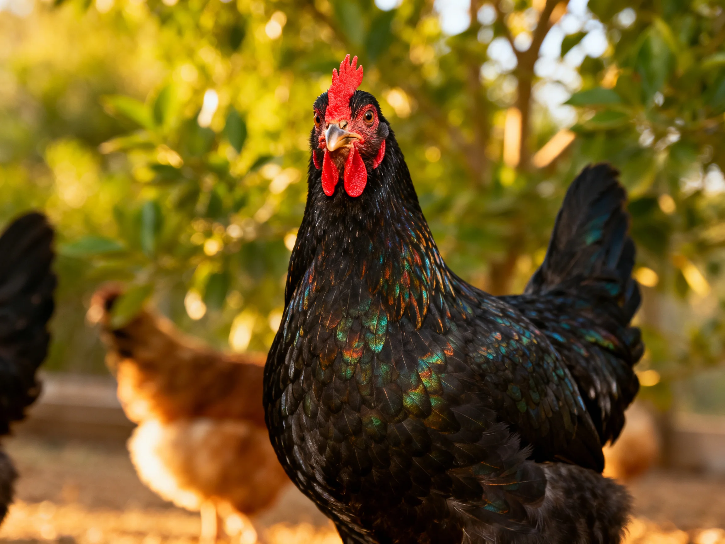 A glossy black chicken with red comb among green foliage and brown hens
