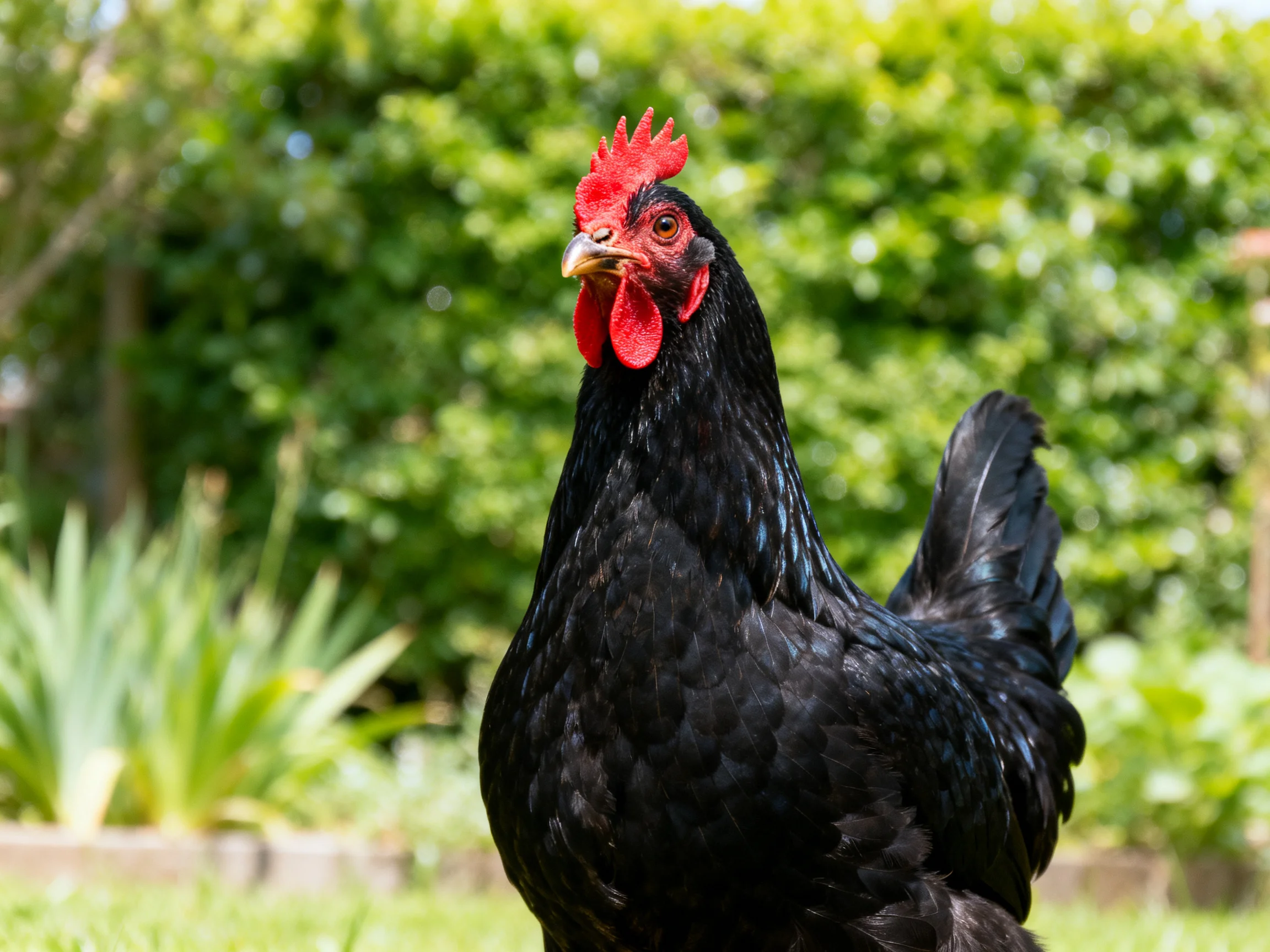 A glossy black chicken with vibrant red comb in a sun-drenched garden