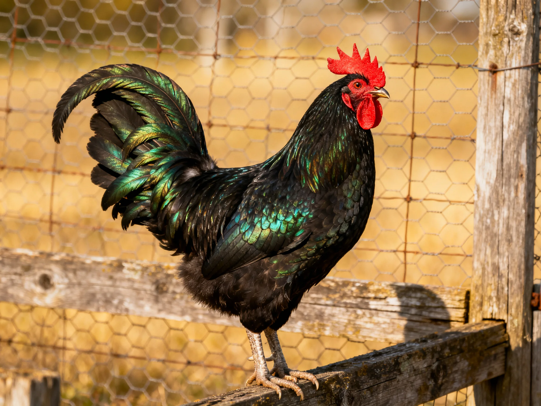 A glossy black-green rooster with a bright red comb stands on a weathered wooden fence near a wire mesh enclosure.