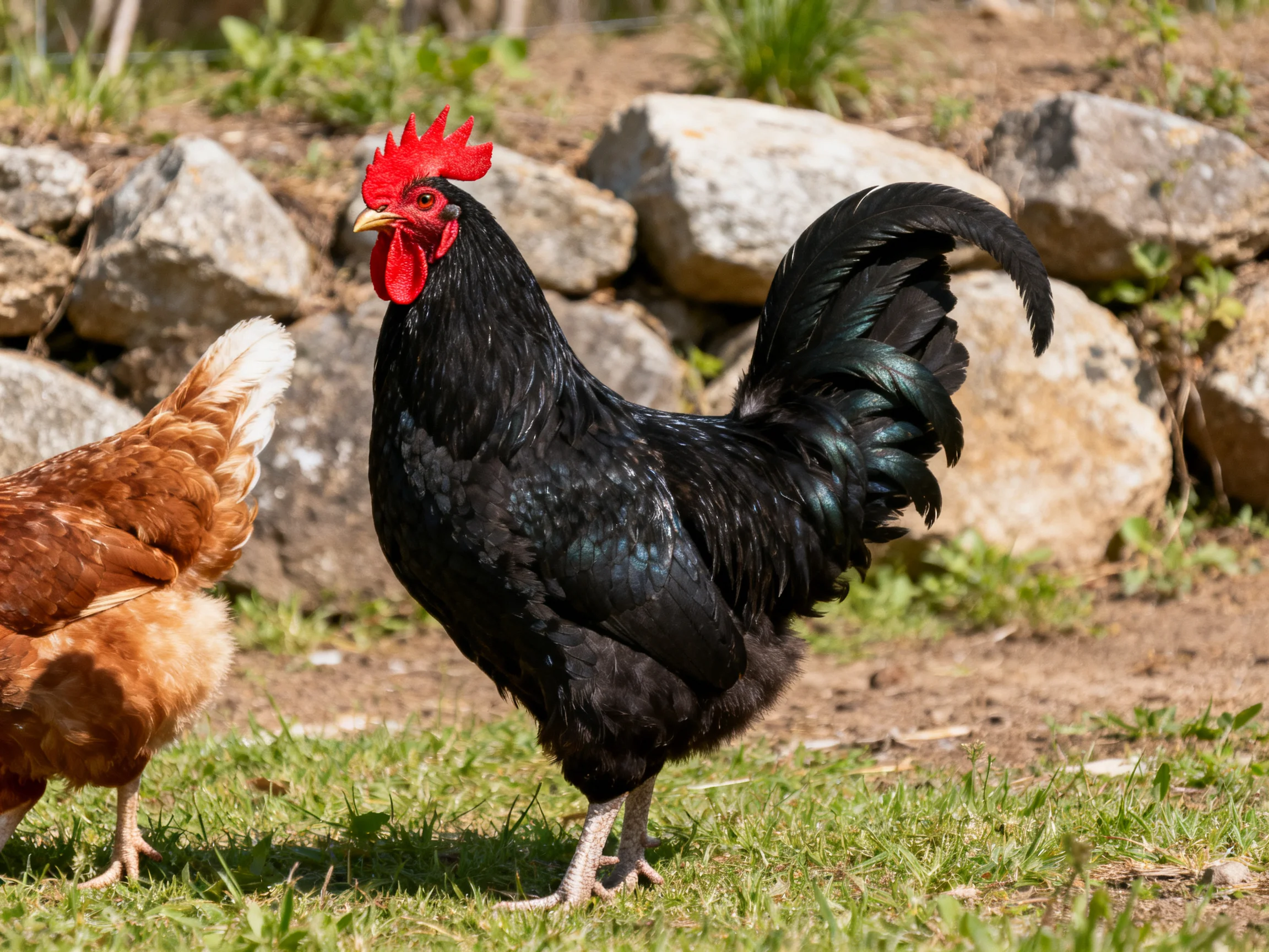 A glossy black rooster stands beside a brown hen near a rocky wall