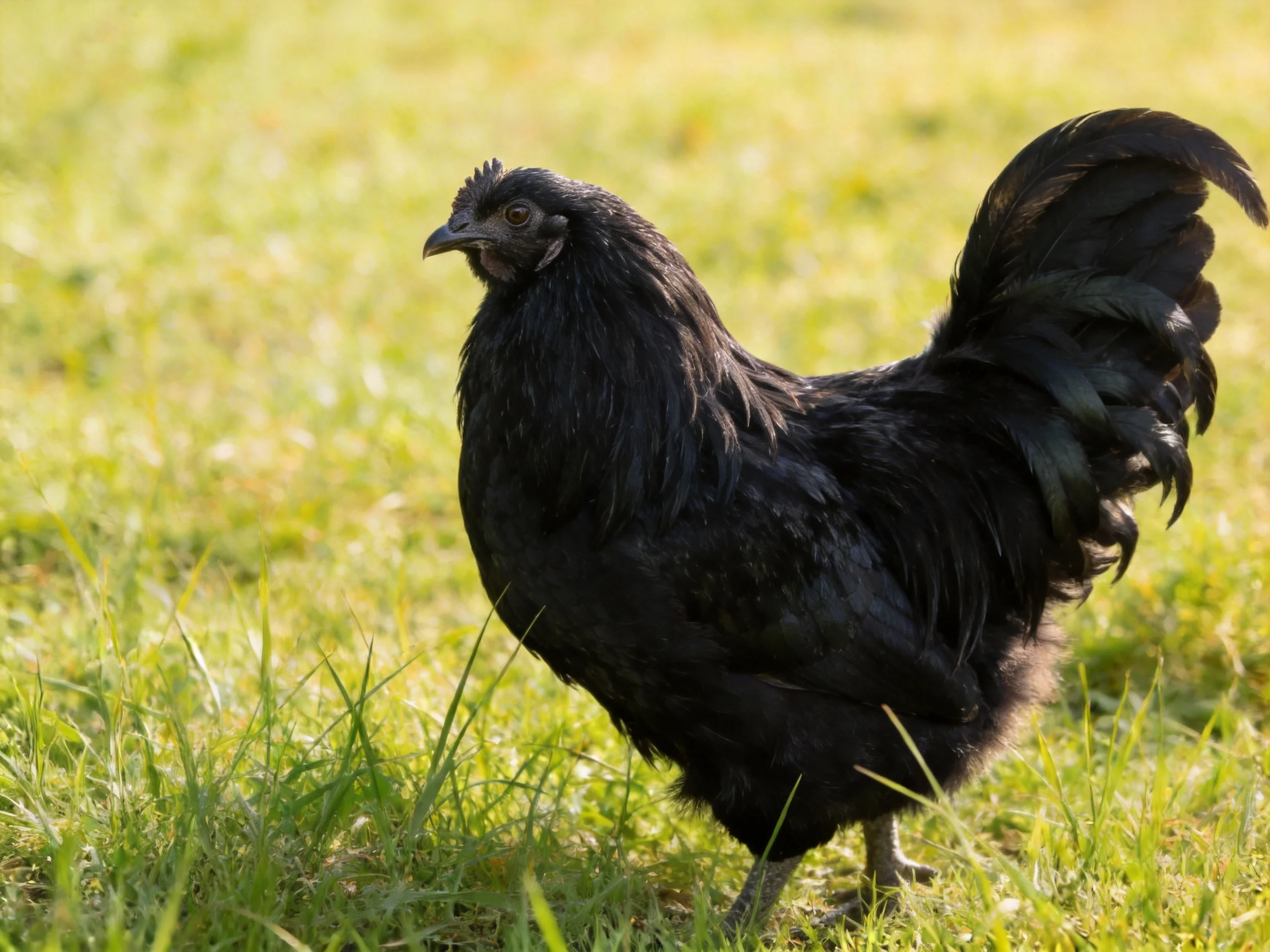 A glossy black rooster stands on sunlit green grass