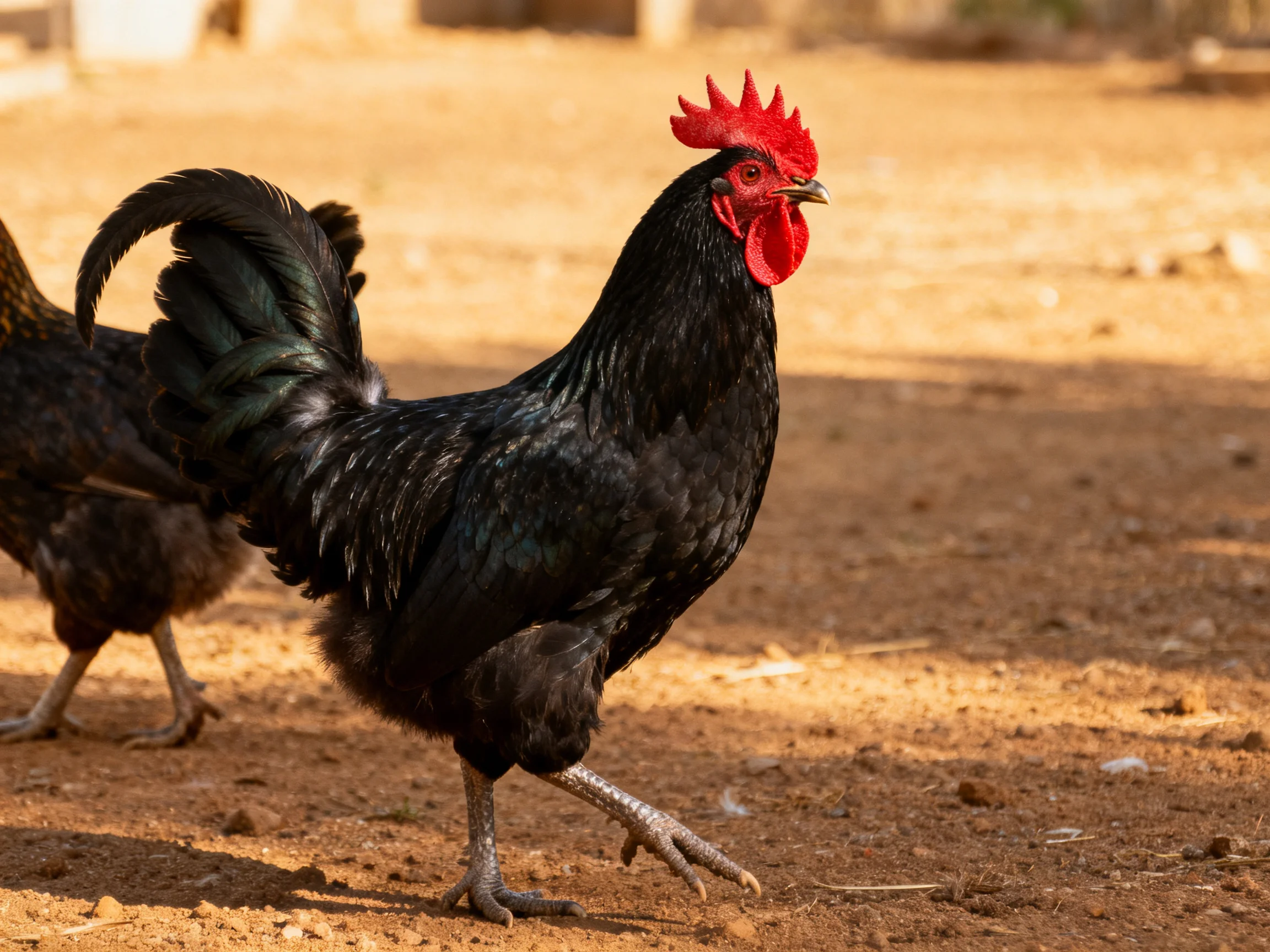 A glossy black rooster with bright red comb foraging on dusty terrain
