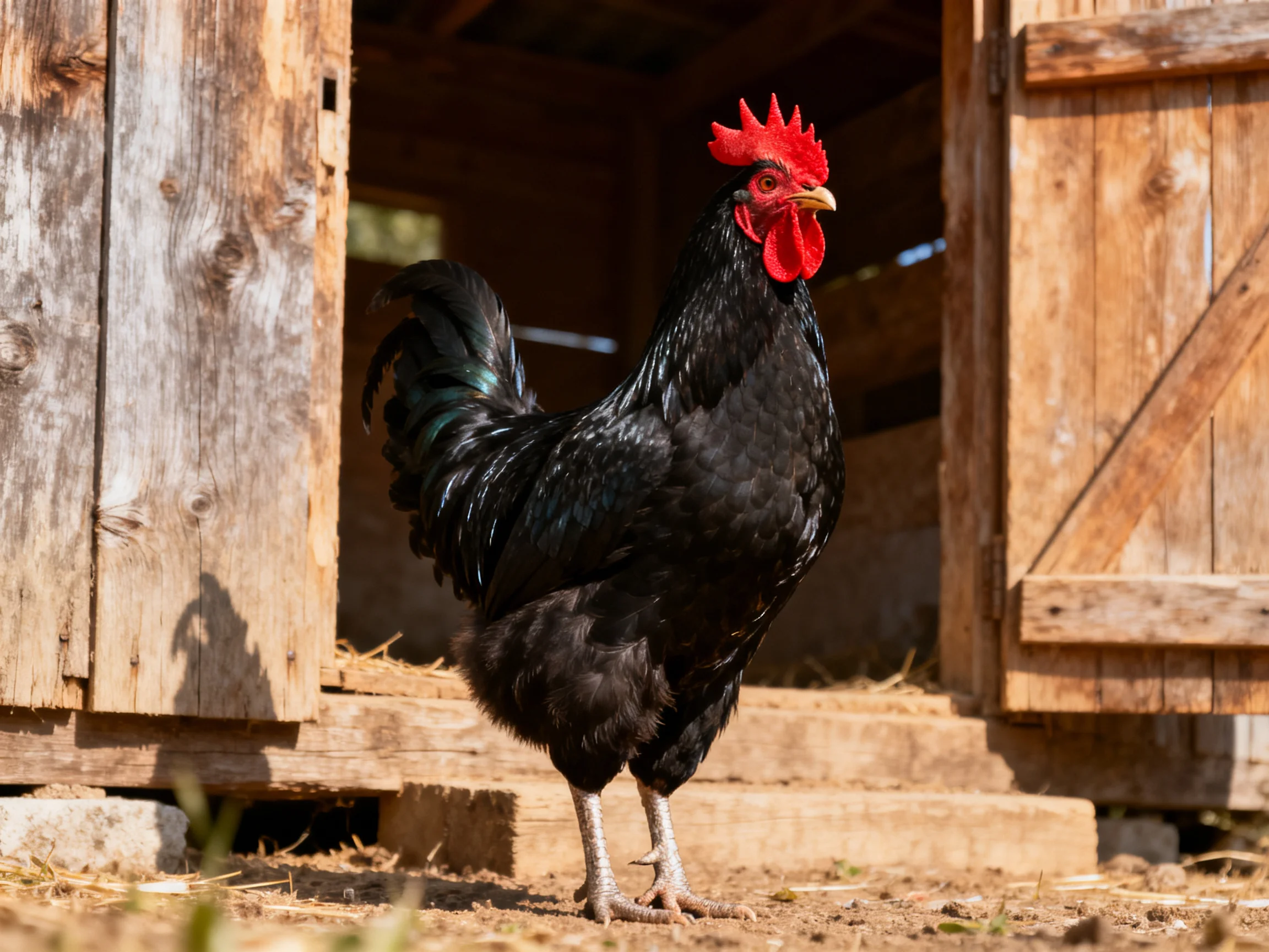A glossy black rooster with bright red comb stands near a weathered wooden coop