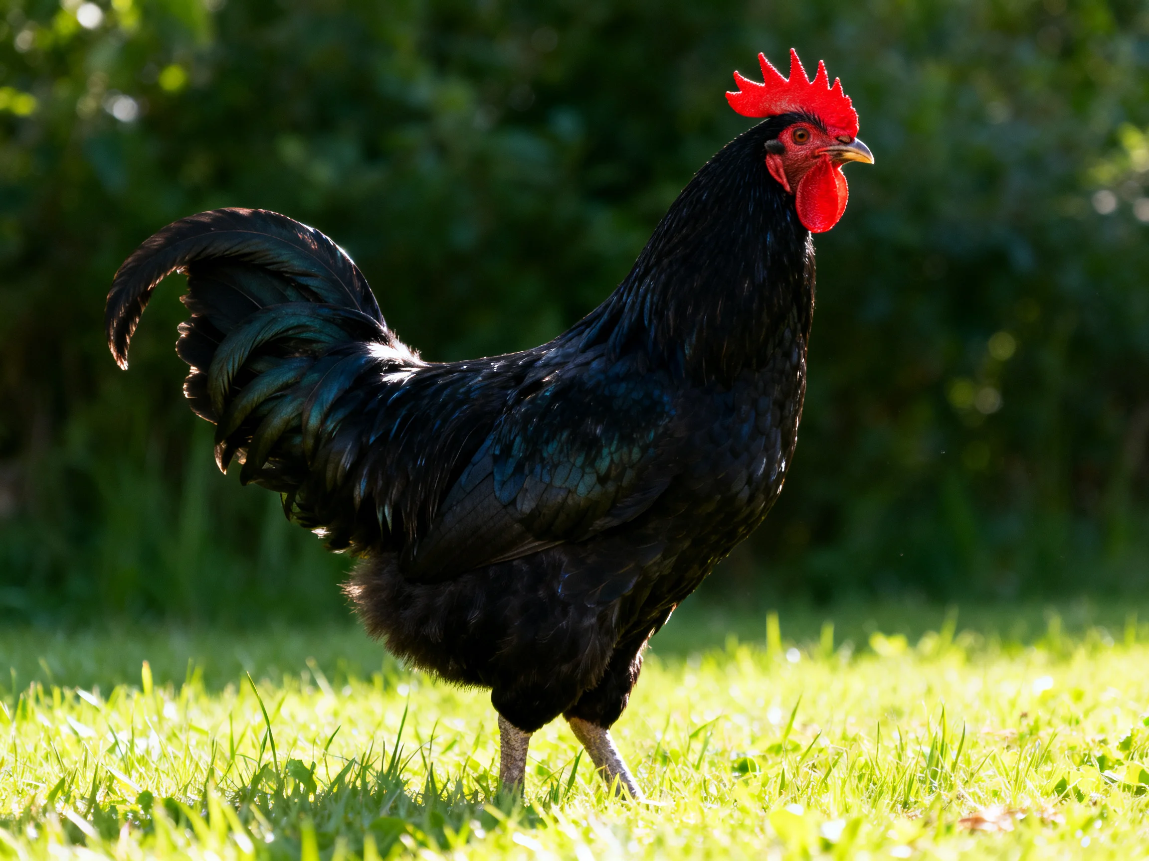 A glossy black rooster with bright red comb stands on sunlit grass near dense foliage