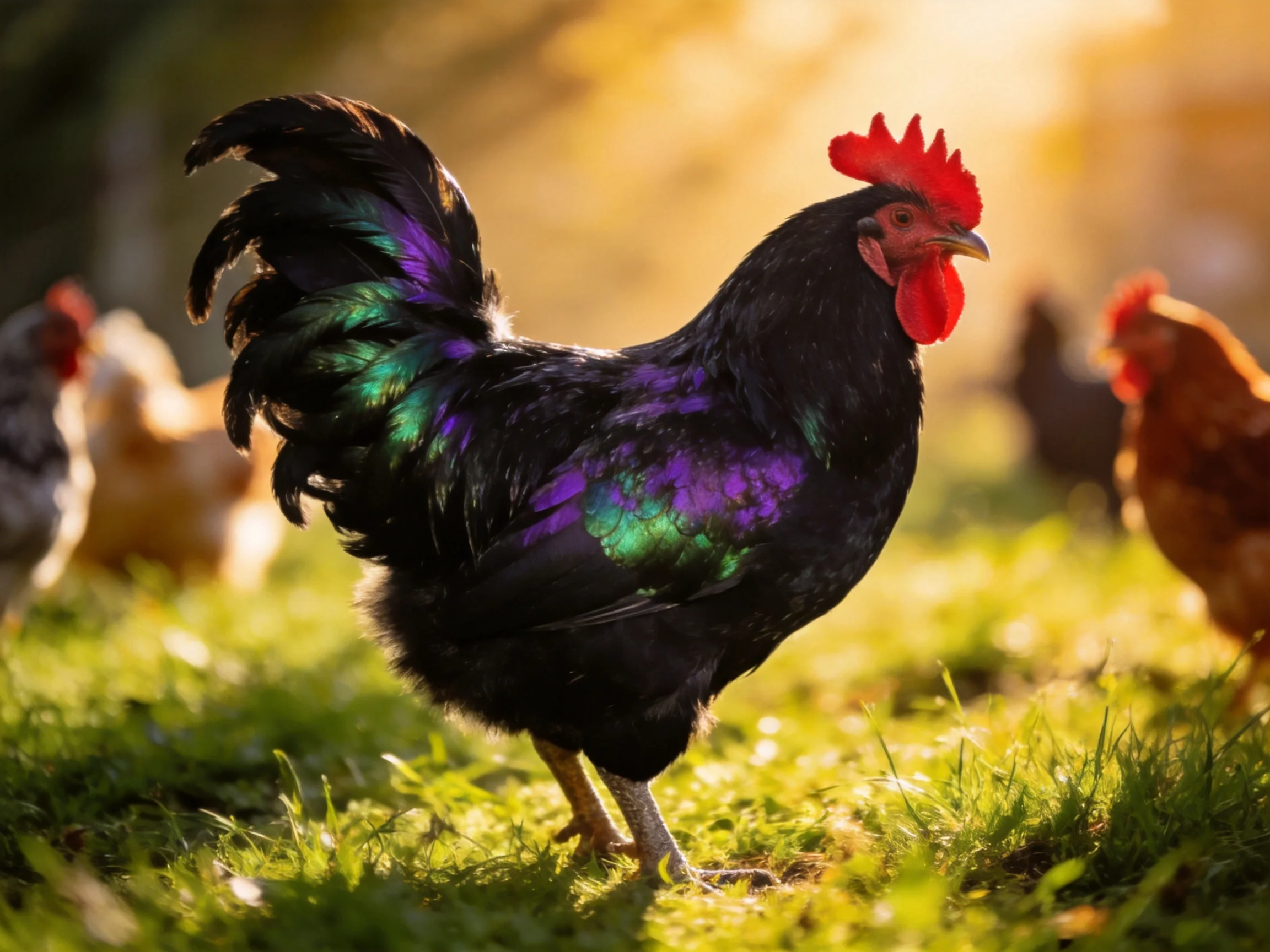 A glossy black rooster with iridescent purple-green feathers stands among chickens on sunlit grass